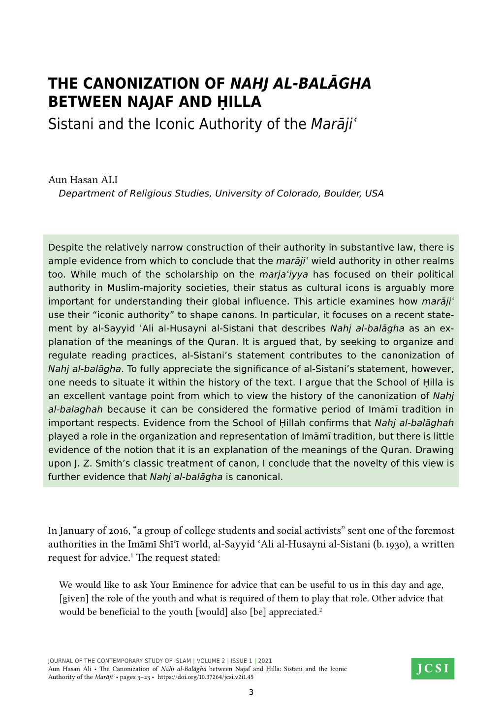 The Canonization of Nahj Al‑Balāgha Between Najaf and Ḥilla Sistani and the Iconic Authority of the Marājiʿ