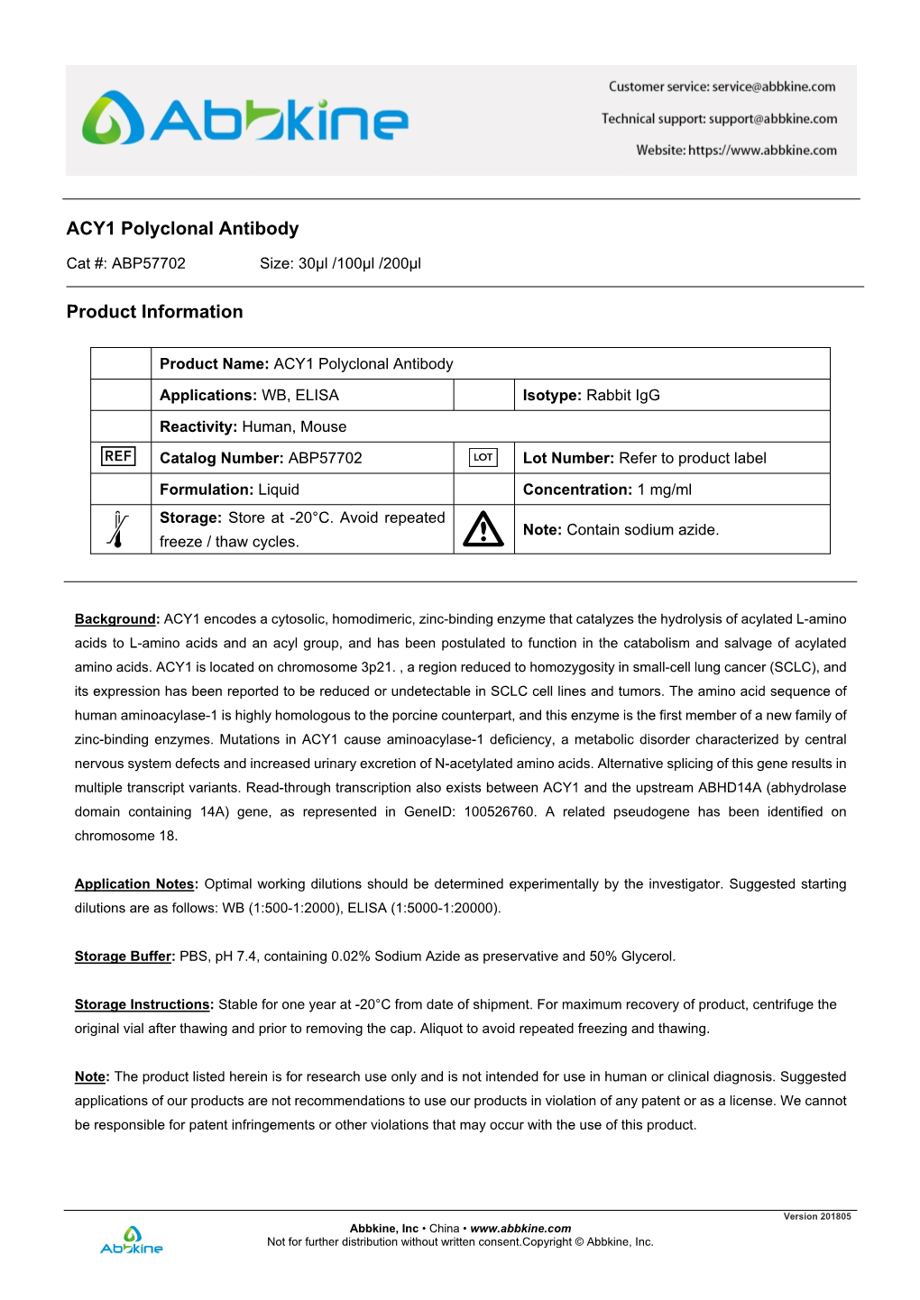 ACY1 Polyclonal Antibody Product Information