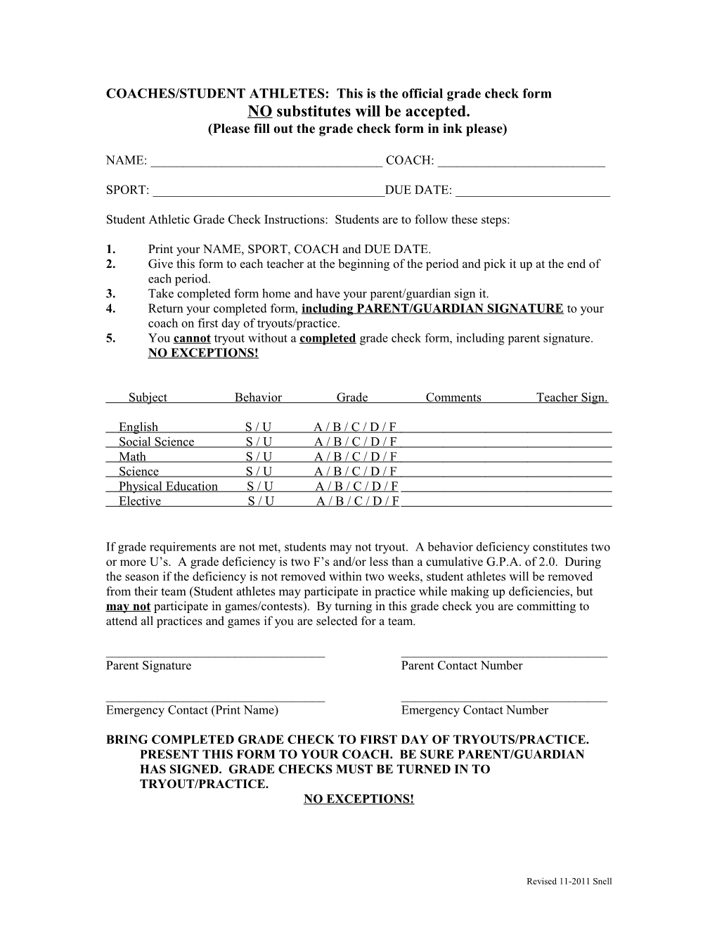 COACHES/STUDENT ATHLETES: This Is The Official Grade Check Form