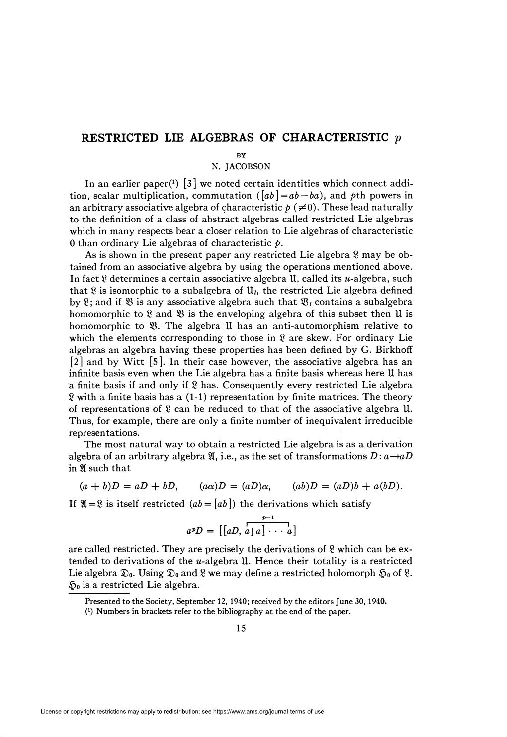 RESTRICTED LIE ALGEBRAS of CHARACTERISTIC P