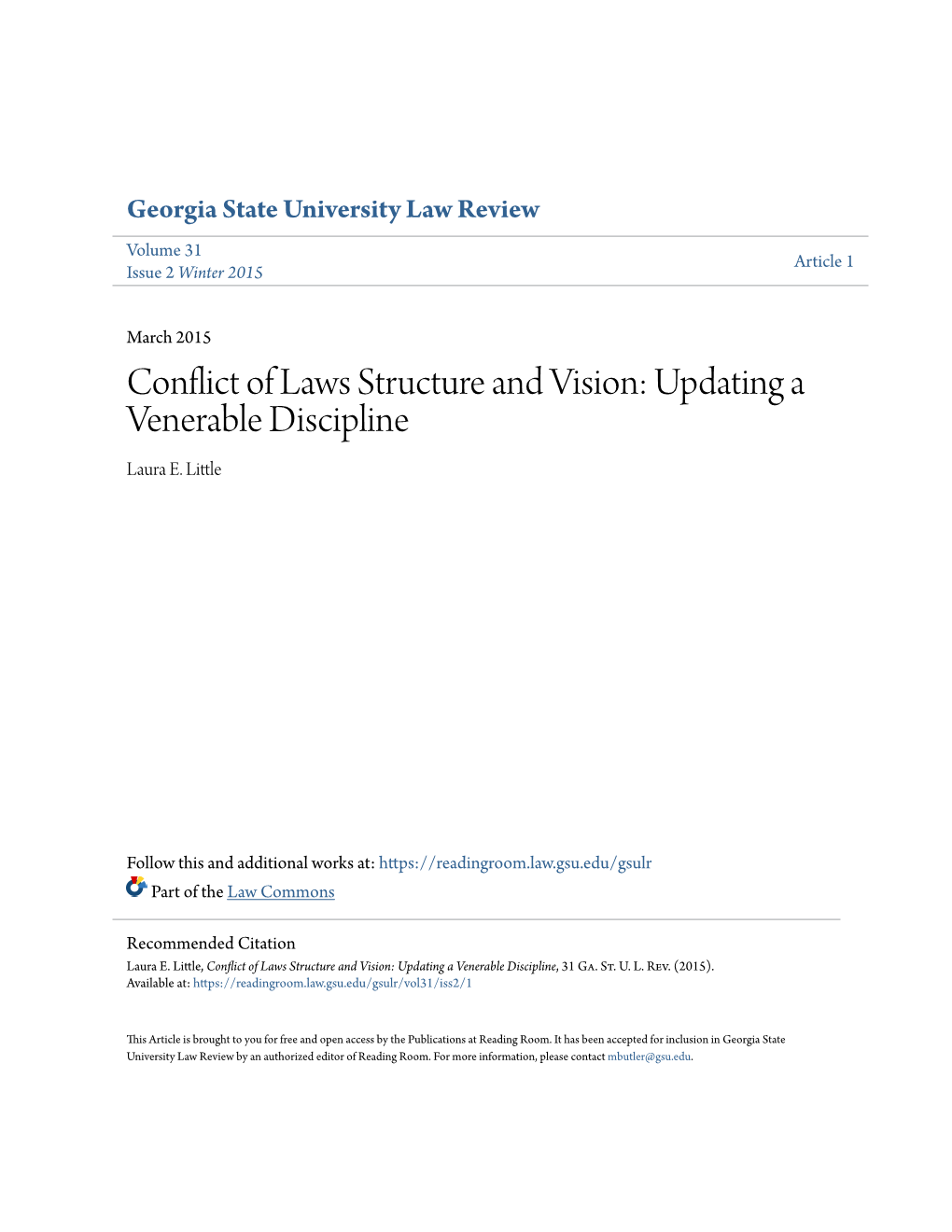 Conflict of Laws Structure and Vision: Updating a Venerable Discipline Laura E