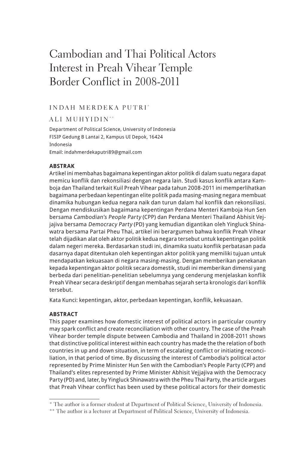 Cambodian and Thai Political Actors Interest in Preah Vihear Temple Border Conflict in 2008-2011