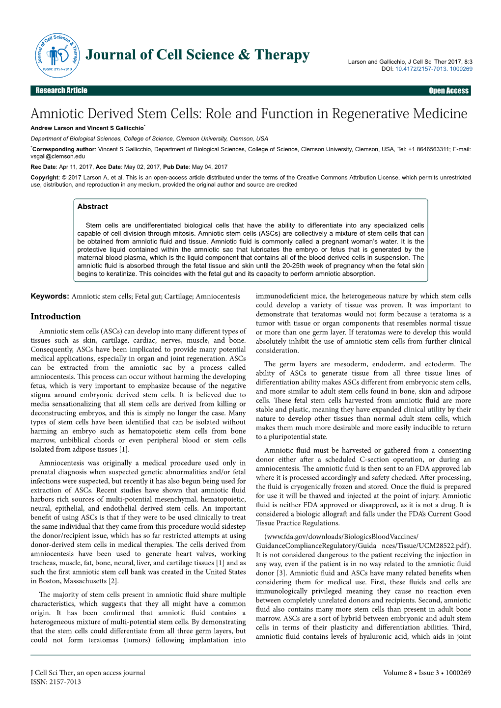 Amniotic Derived Stem Cells: Role and Function in Regenerative