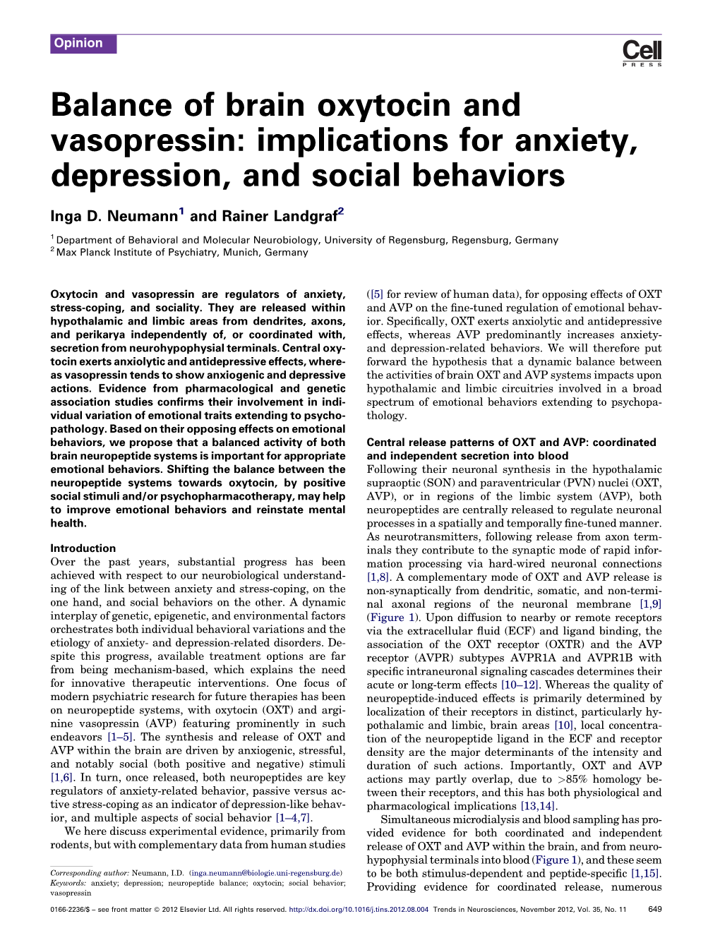 Balance of Brain Oxytocin and Vasopressin: Implications For