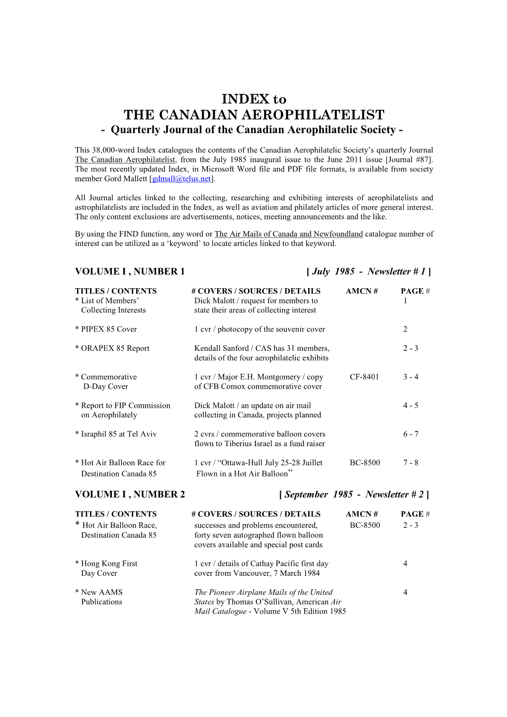 INDEX to the CANADIAN AEROPHILATELIST - Quarterly Journal of the Canadian Aerophilatelic Society