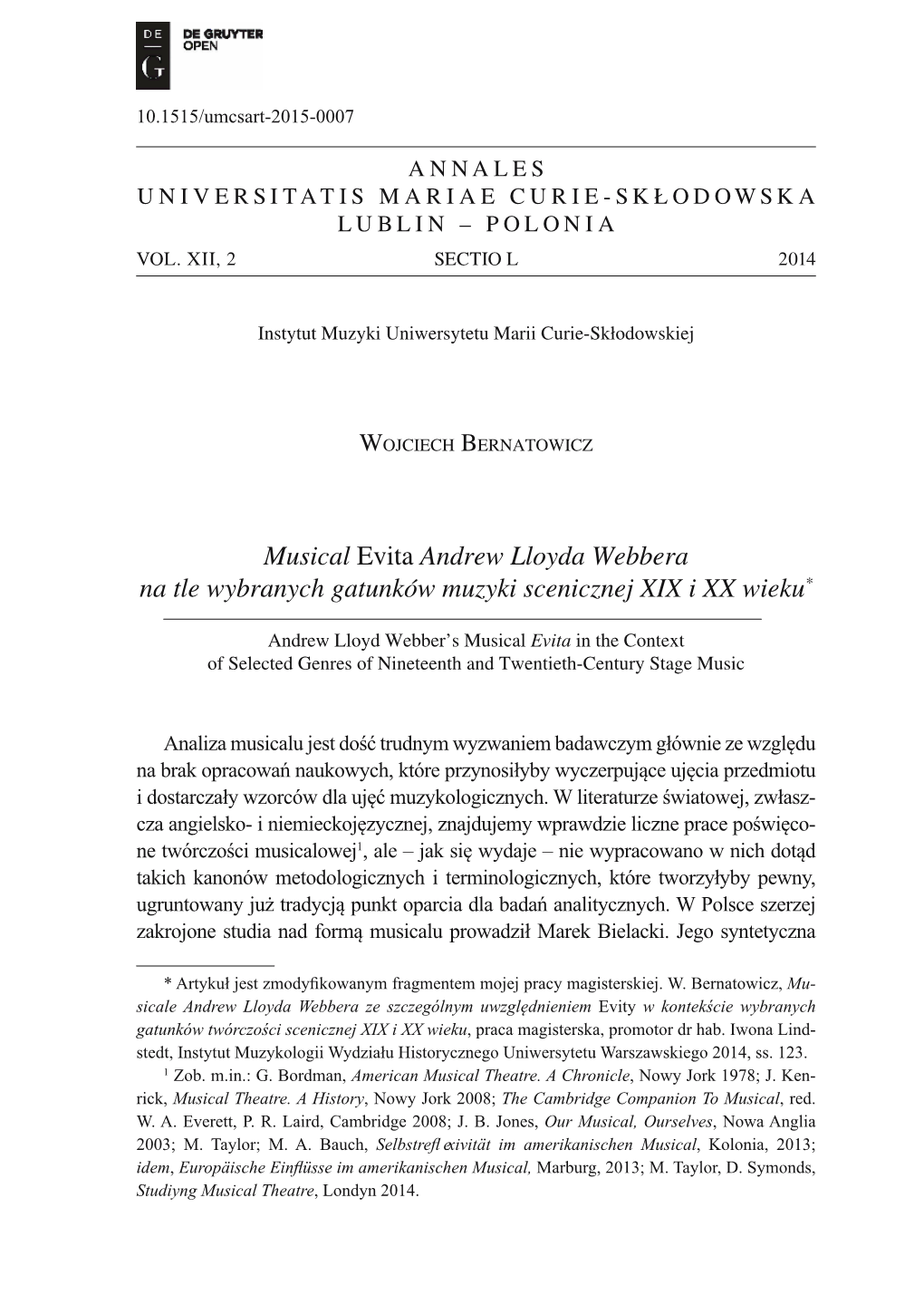 Musical Evita Andrew Lloyda Webbera Na Tle Wybranych Gatunków Muzyki Scenicznej XIX I XX Wieku*