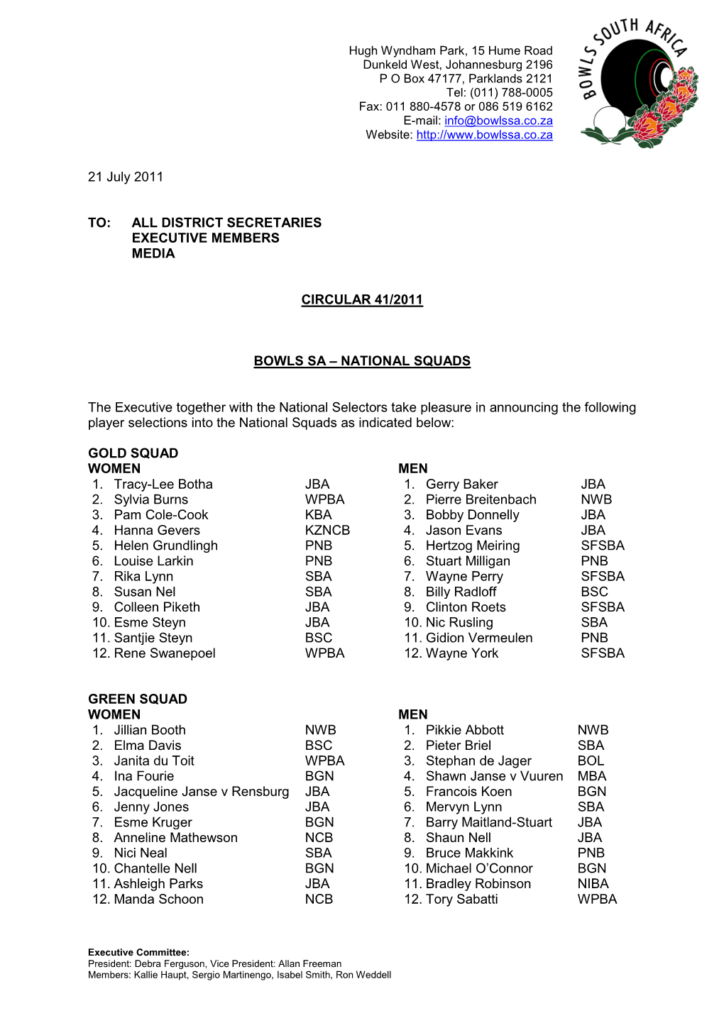 Circular 41 Bowls SA National Squads