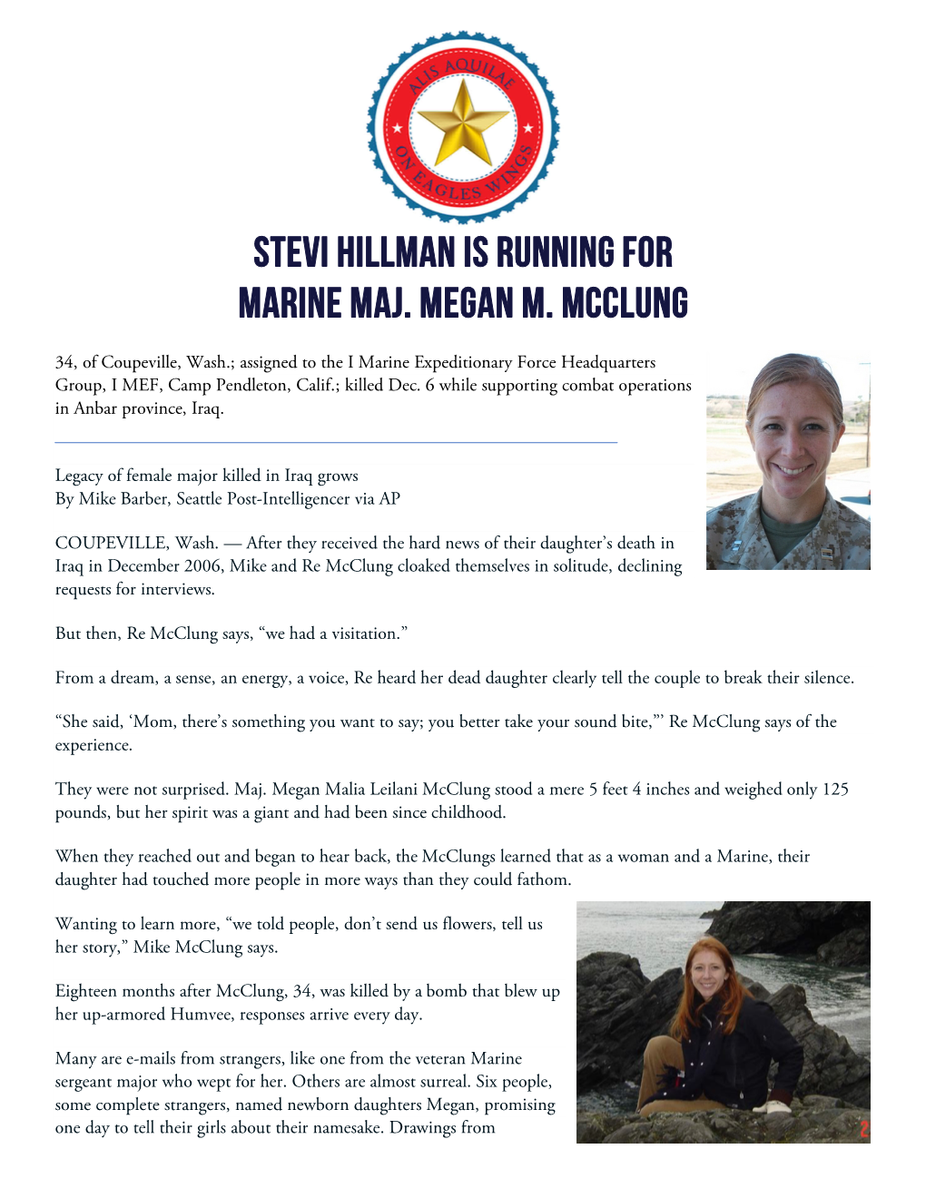 STEVI HILLMAN Is Running for Marine Maj. Megan M. Mcclung