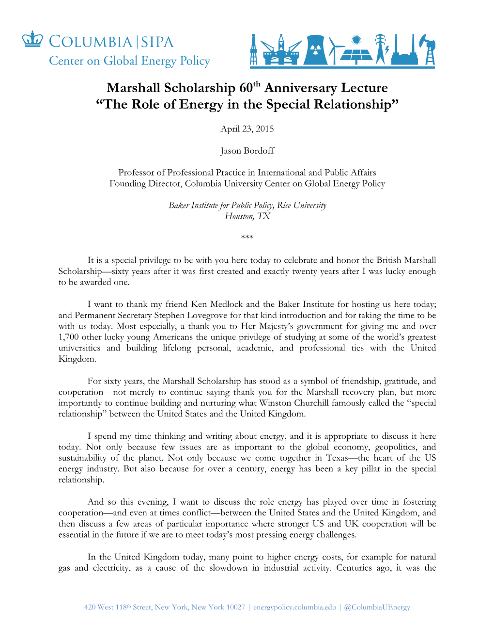 Bordoff Marshall Scholarship 60Th Anniversary Lecture 4.23.15