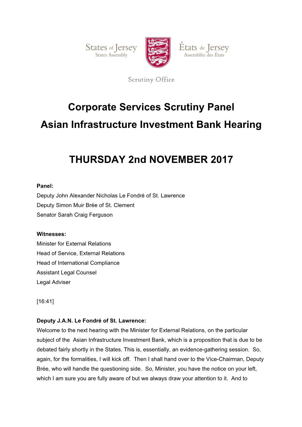 Corporate Services Scrutiny Panel Asian Infrastructure Investment Bank Hearing