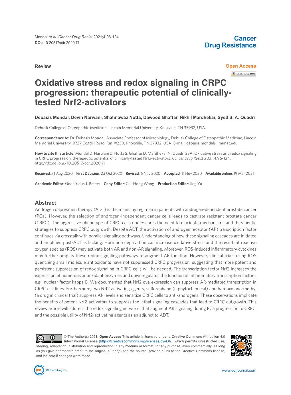 Oxidative Stress and Redox Signaling in CRPC Progression: Therapeutic Potential of Clinically- Tested Nrf2-Activators