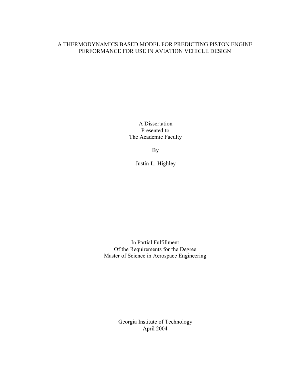 "A Thermodynamic Based Model for Predicting Piston Engine