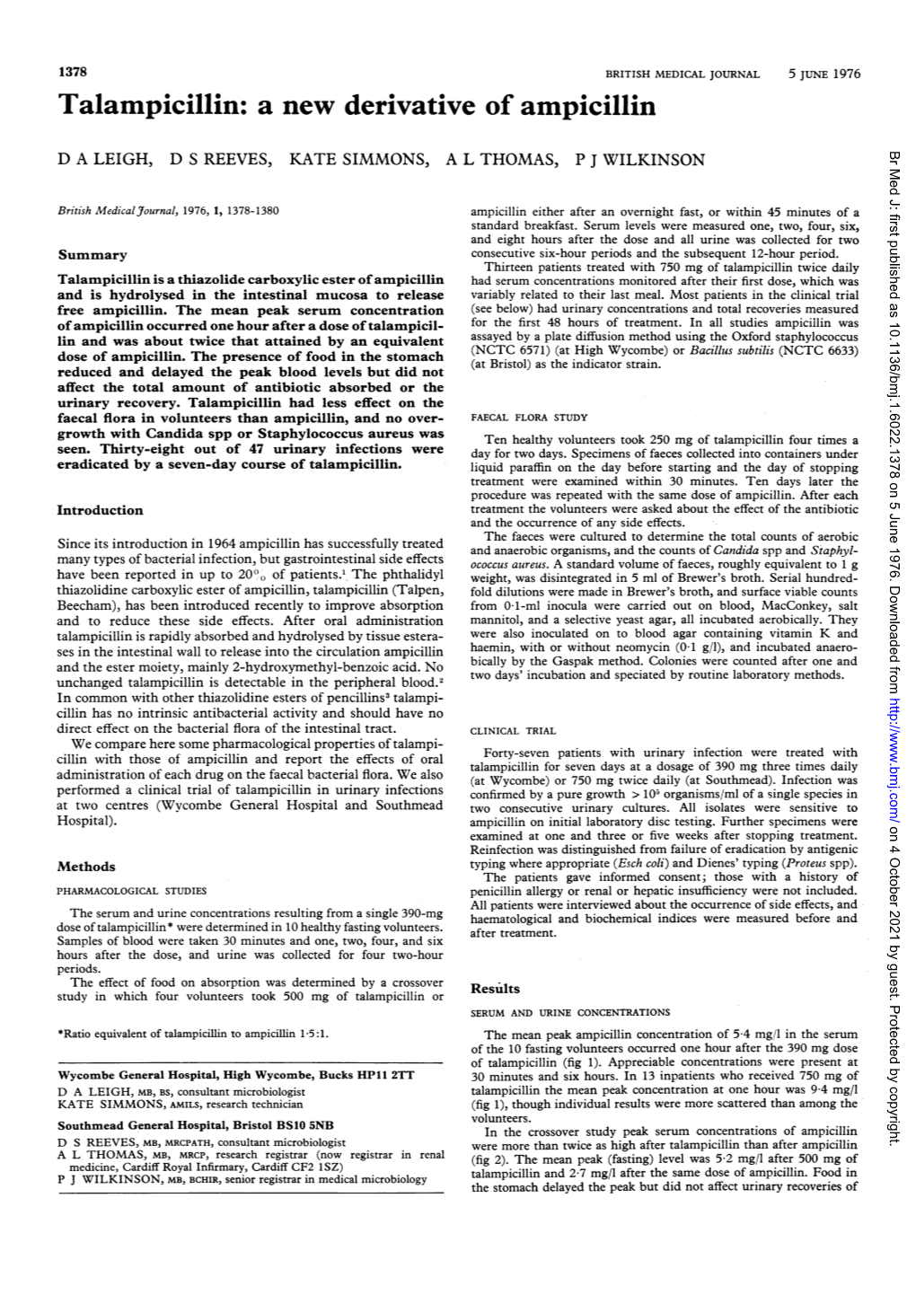 Talampicillin: a New Derivative of Ampicillin Br Med J: First Published As 10.1136/Bmj.1.6022.1378 on 5 June 1976