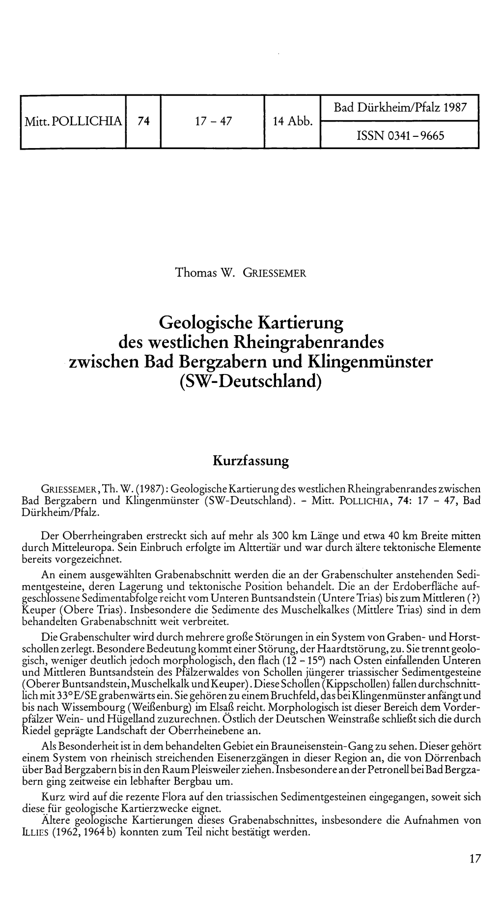 Geologische Kartierung Des Westlichen Rheingrabenrandes Zwischen Bad Bergzabern Und Klingenmünster (SW-Deutschland)