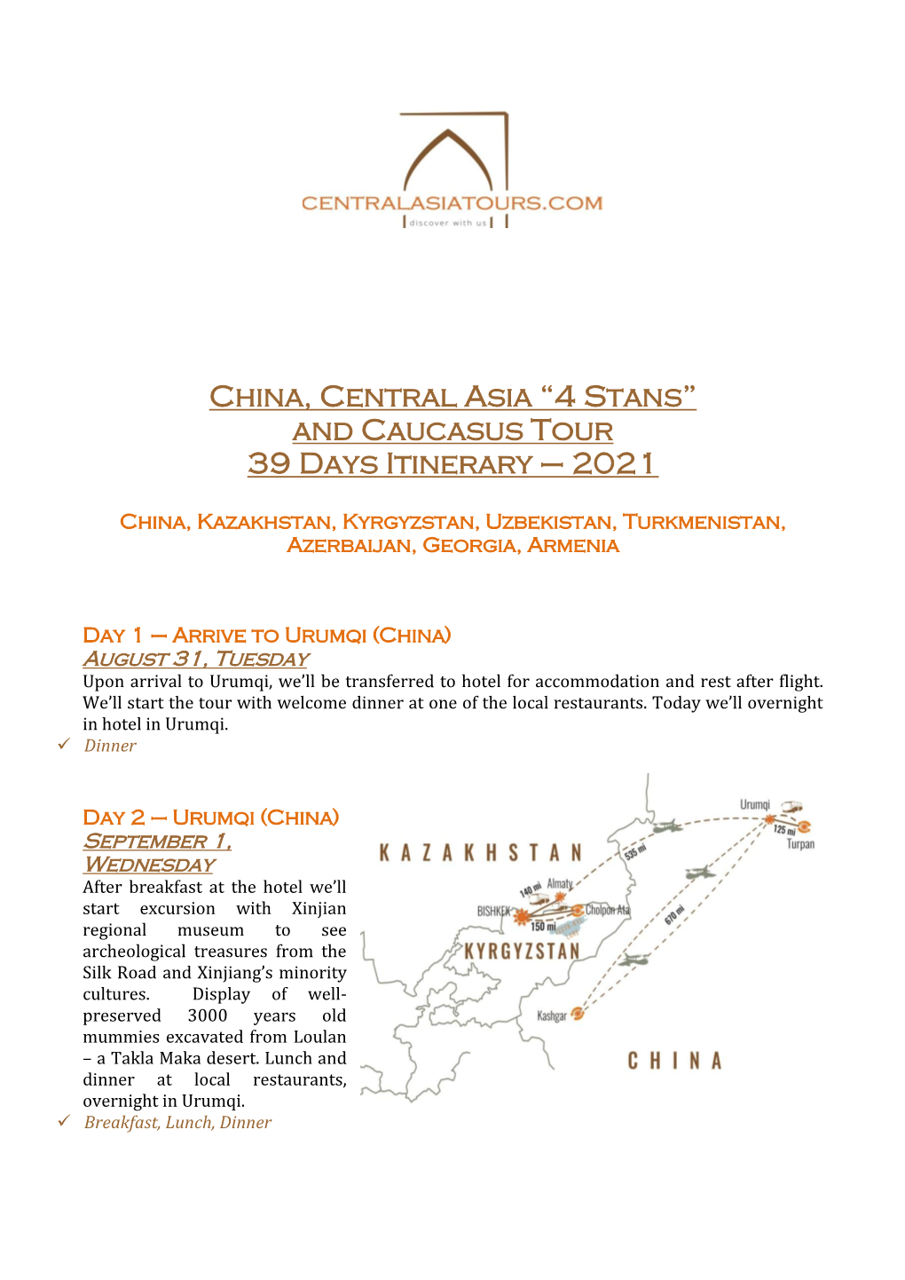 China, Central Asia “4 Stans” and Caucasus Tour 39 Days Itinerary – 2021