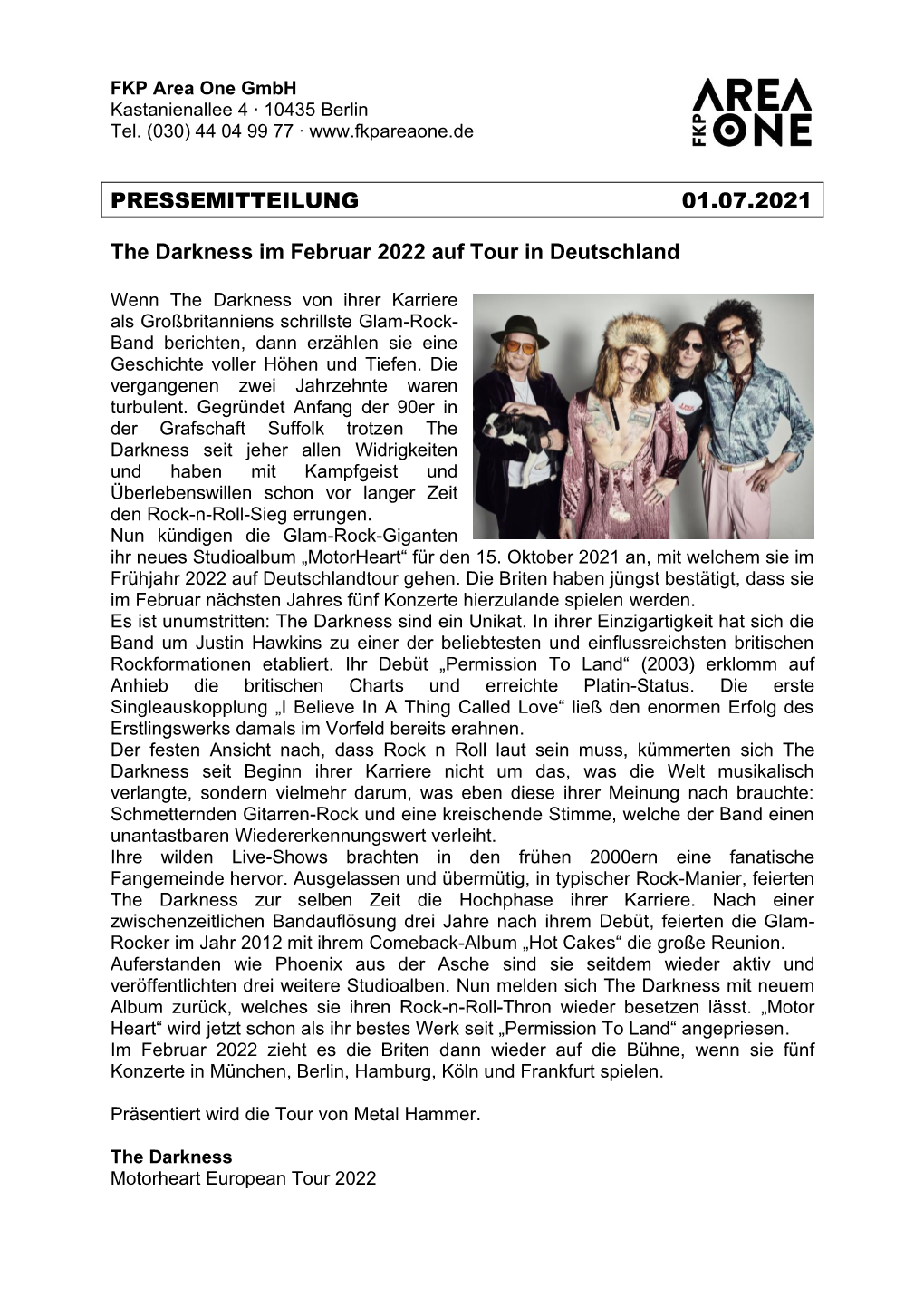 PRESSEMITTEILUNG 01.07.2021 the Darkness Im Februar 2022 Auf