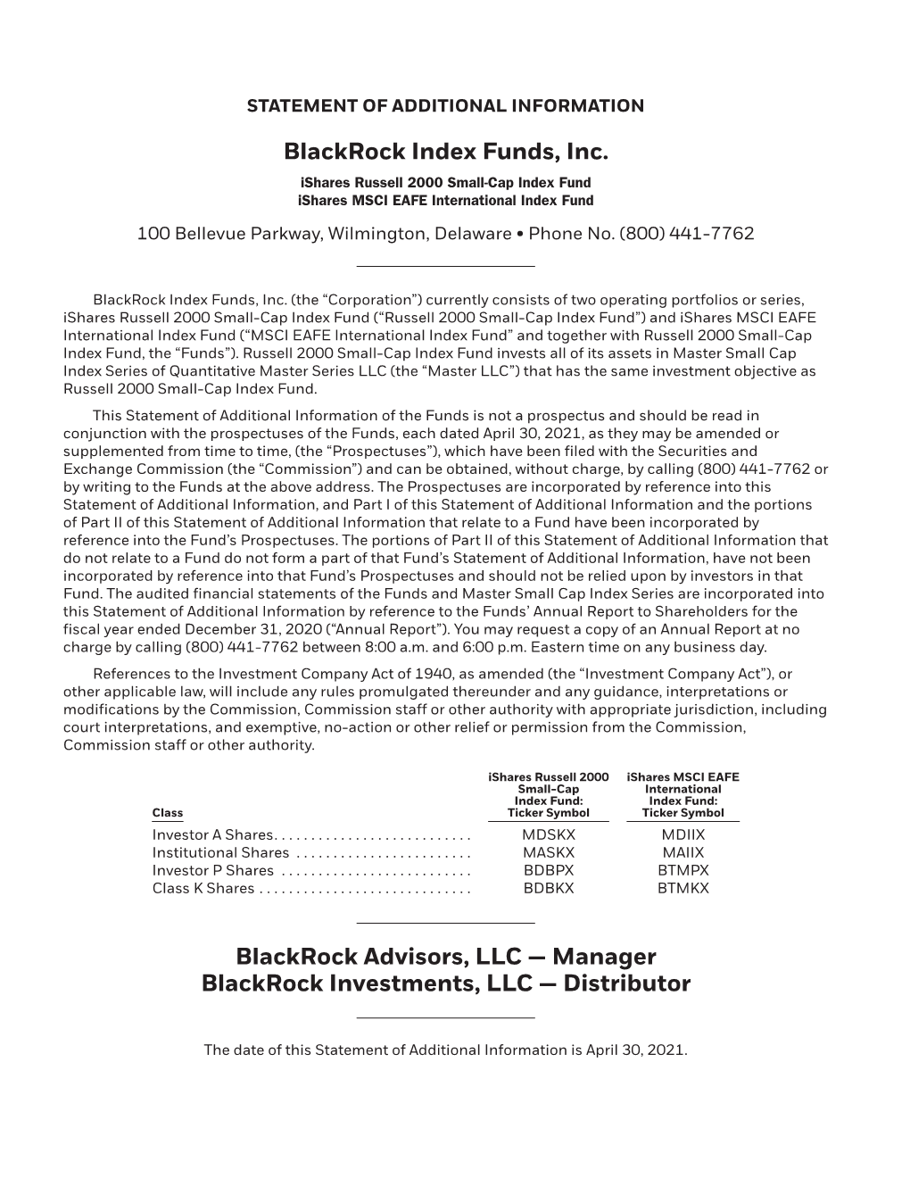 Blackrock Index Funds, Inc. Blackrock Advisors