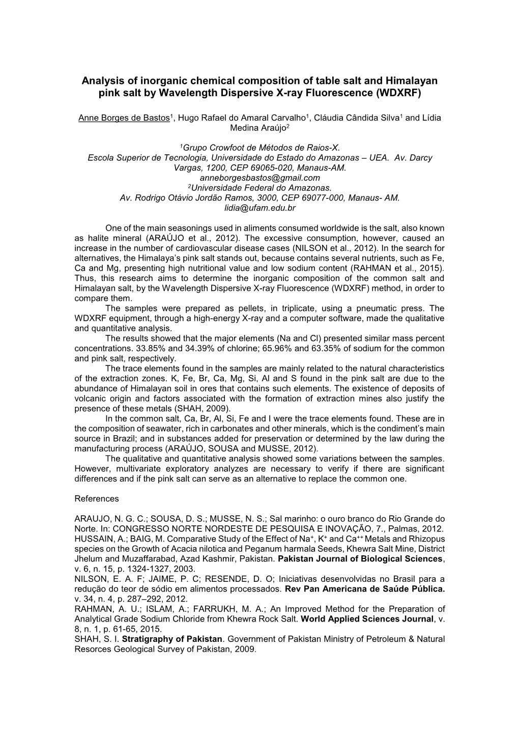 Analysis of Inorganic Chemical Composition of Table Salt and Himalayan Pink Salt by Wavelength Dispersive X-Ray Fluorescence (WDXRF)