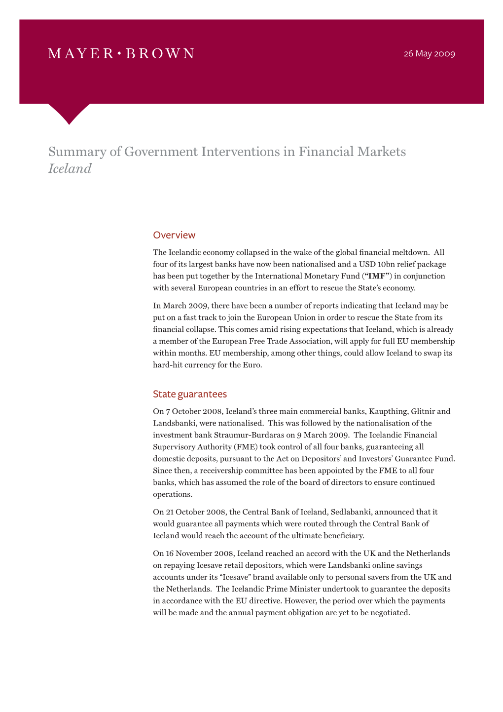 Summary of Government Interventions in Financial Markets Iceland