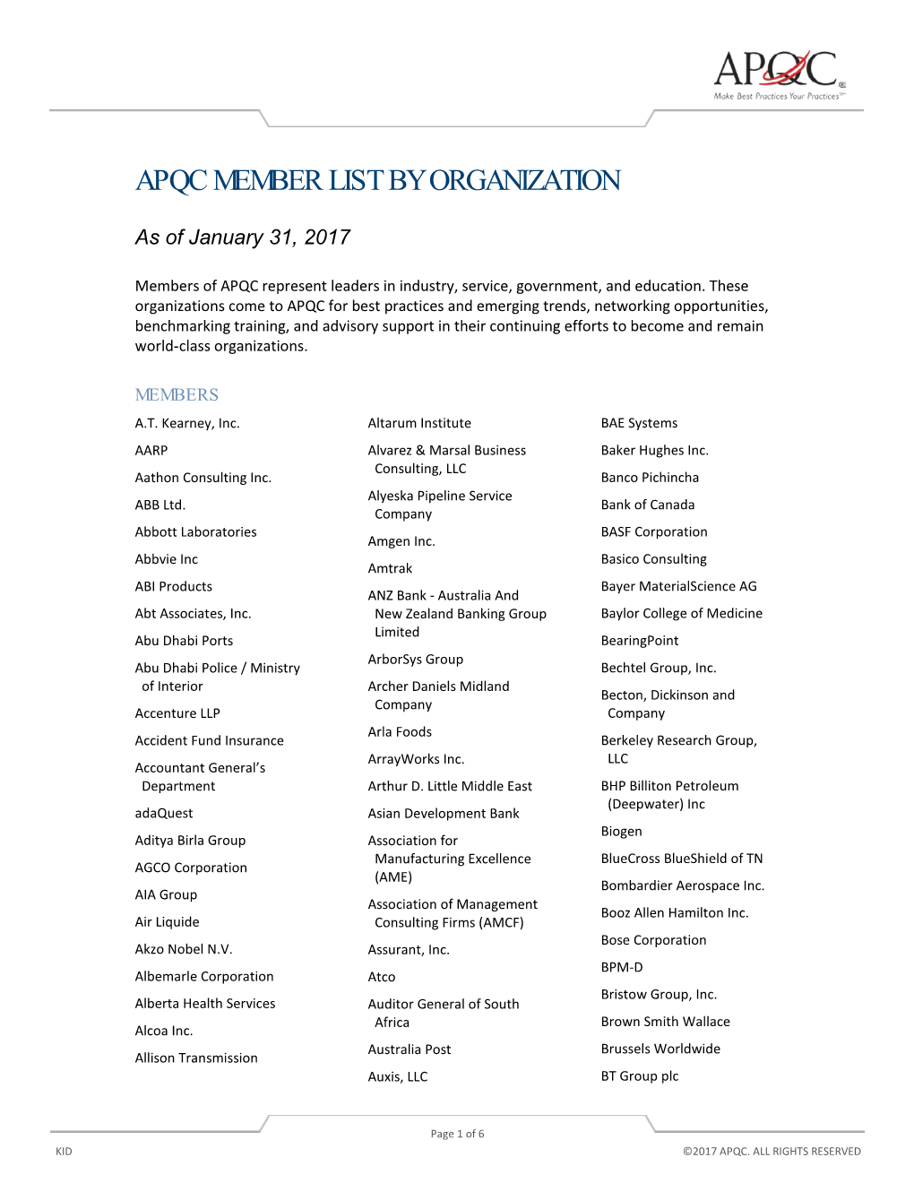 Apqc Member List by Organization