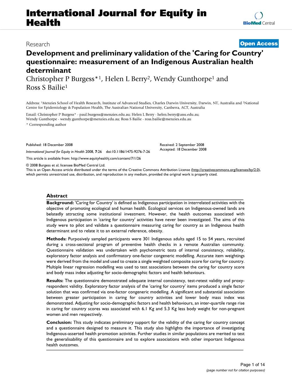 Development and Preliminary Validation of The'caring for Country'questionnaire: Measurement of an Indigenous Australian Health Determinant