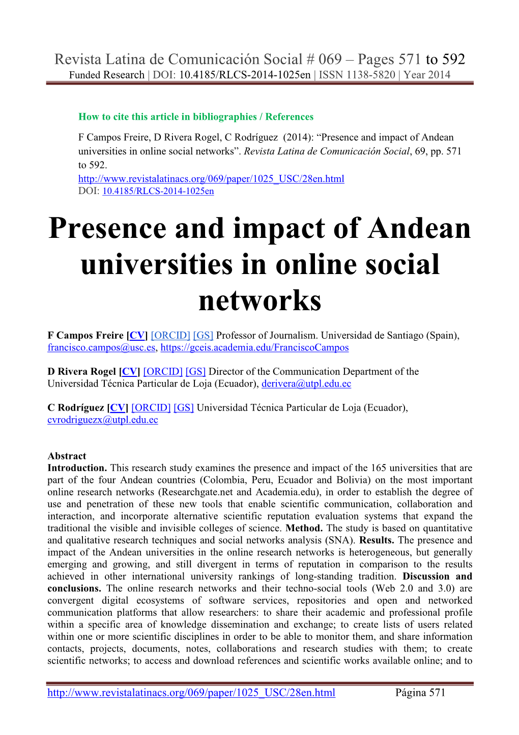 Presence and Impact of Andean Universities in Online Social Networks”