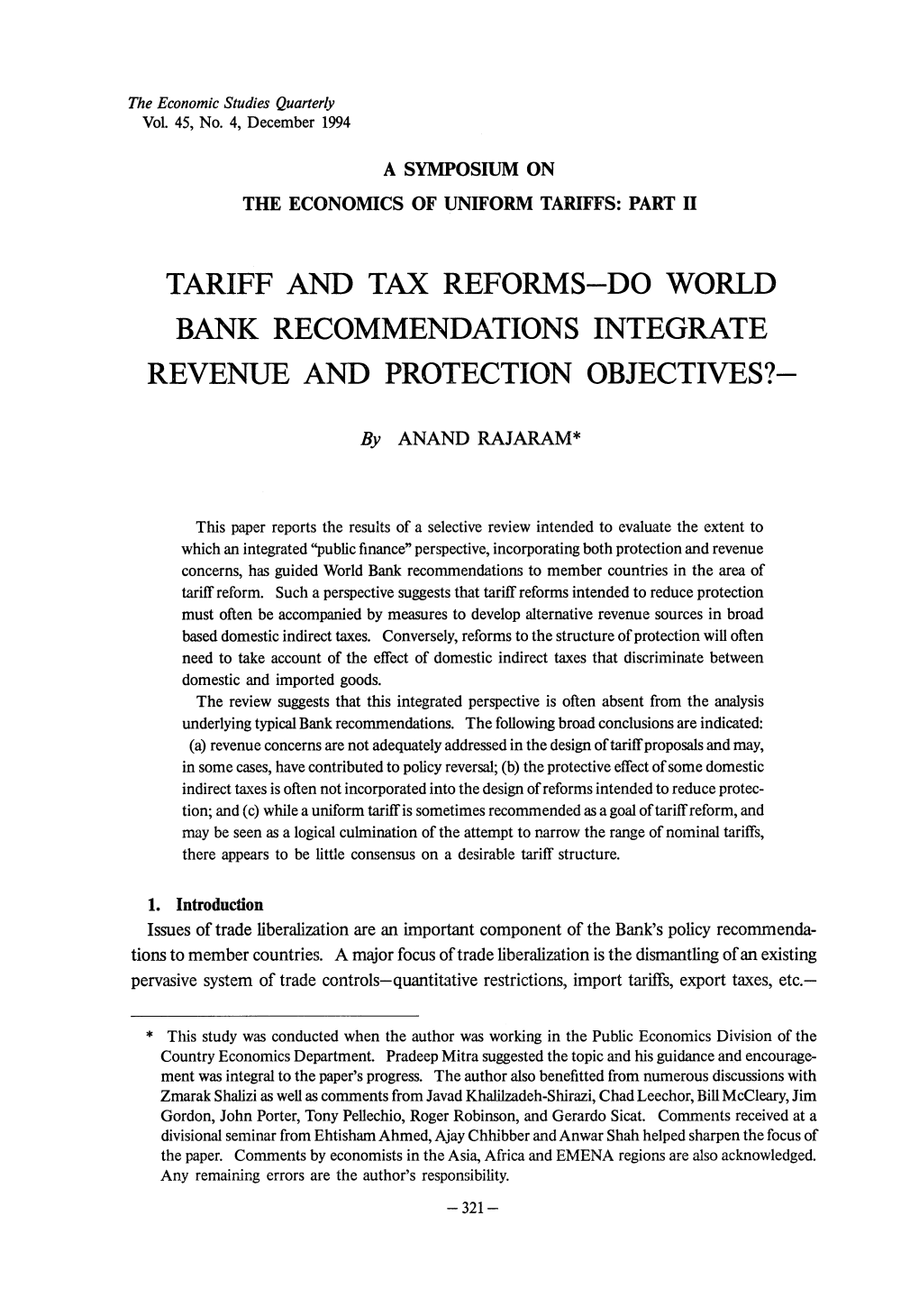 Tariff and Tax Reforms-Do World Bank Recommendations Integrate Revenue and Protection Objectives?