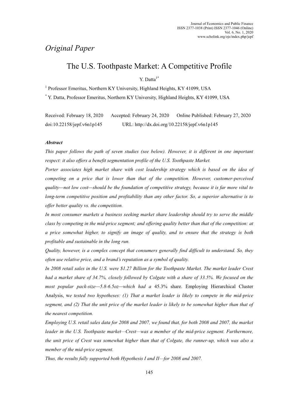 Original Paper the US Toothpaste Market: a Competitive Profile