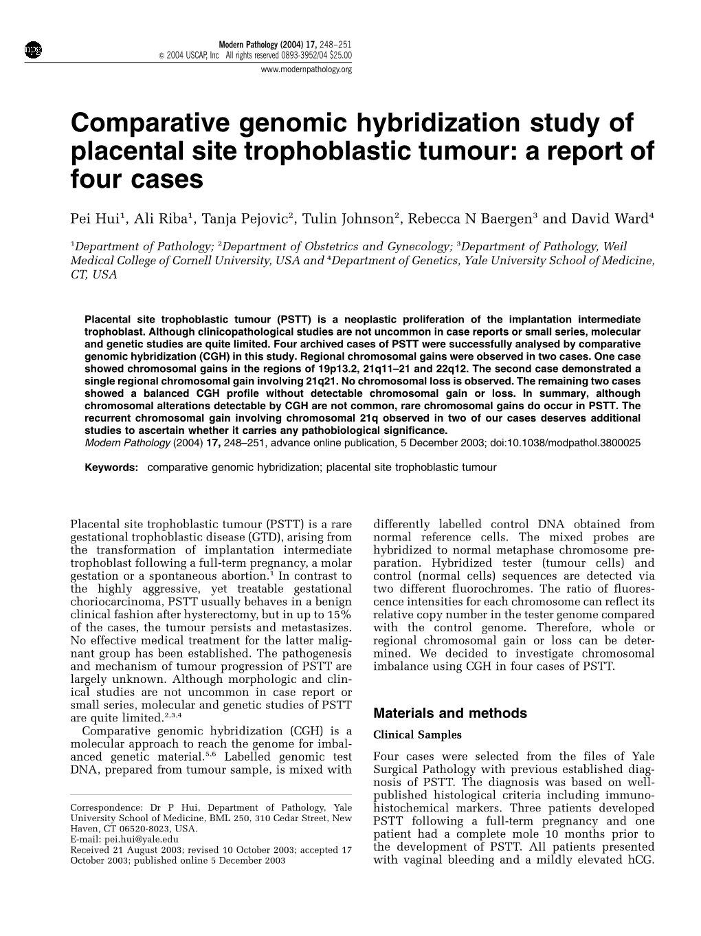 Comparative Genomic Hybridization Study of Placental Site Trophoblastic Tumour: a Report of Four Cases