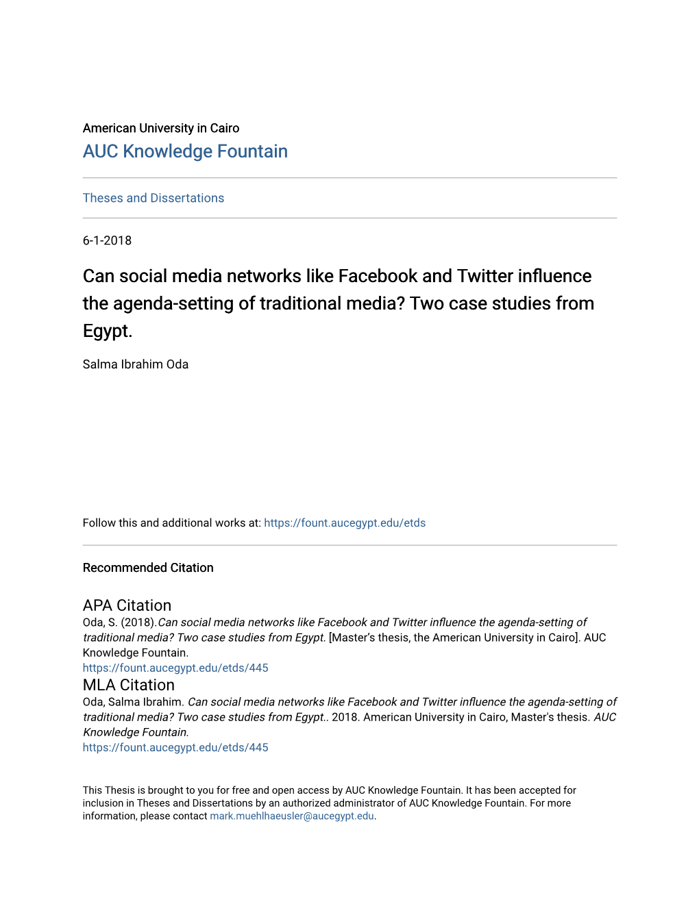 Can Social Media Networks Like Facebook and Twitter Influence the Agenda-Setting of Traditional Media? Two Case Studies from Egypt