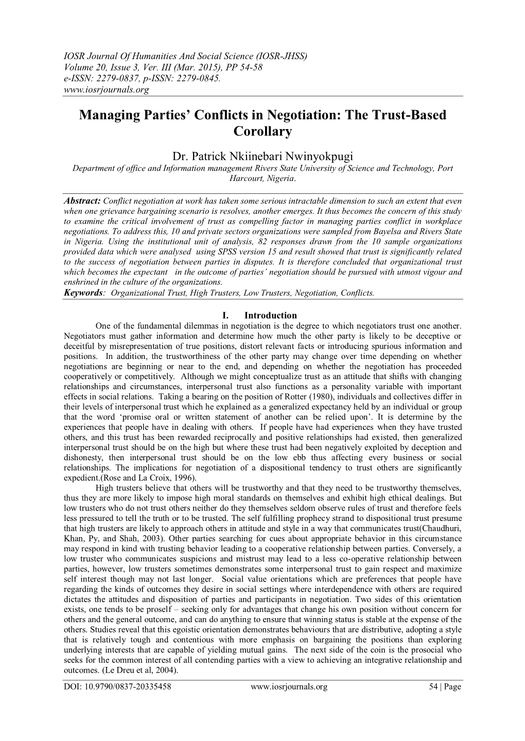 Managing Parties' Conflicts in Negotiation: the Trust-Based