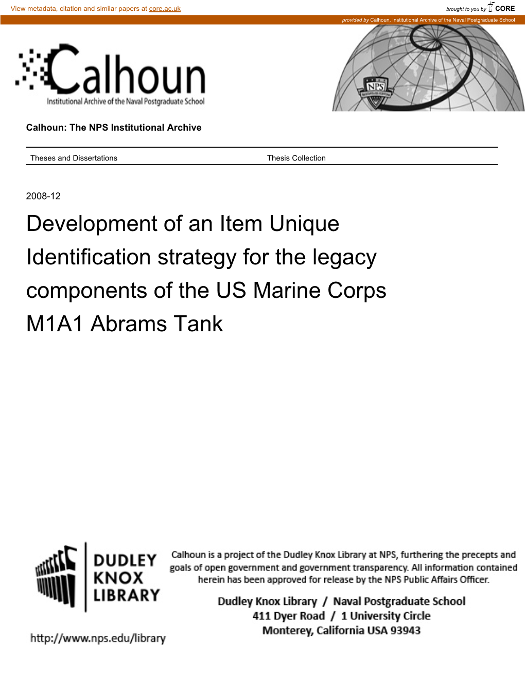 Development of an Item Unique Identification Strategy for the Legacy Components of the US Marine Corps M1A1 Abrams Tank