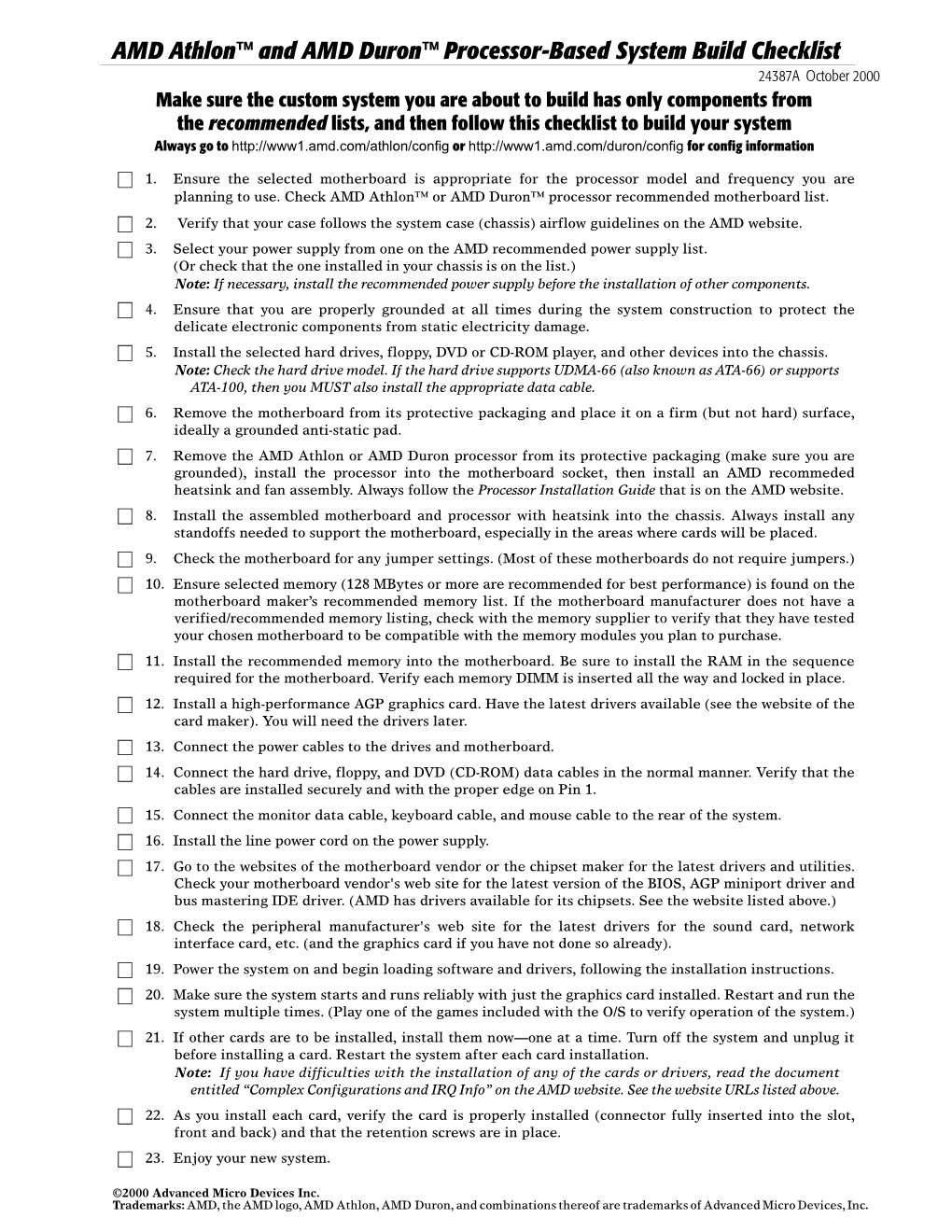 AMD Athlon™ and AMD Duron™ Processor-Based System Build Checklist