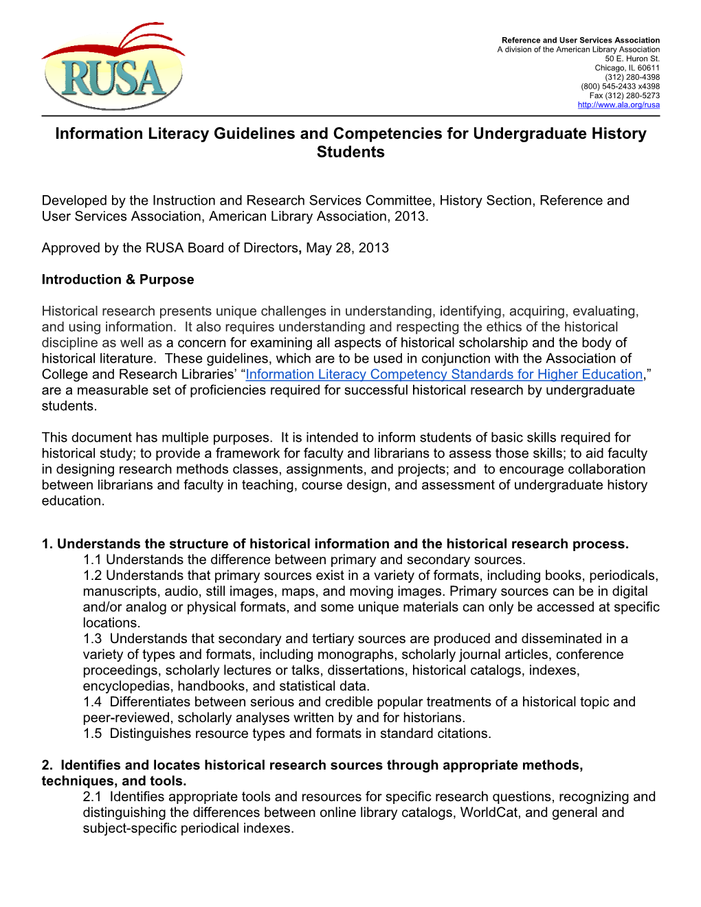 Information Literacy Guidelines and Competencies for Undergraduate History Students