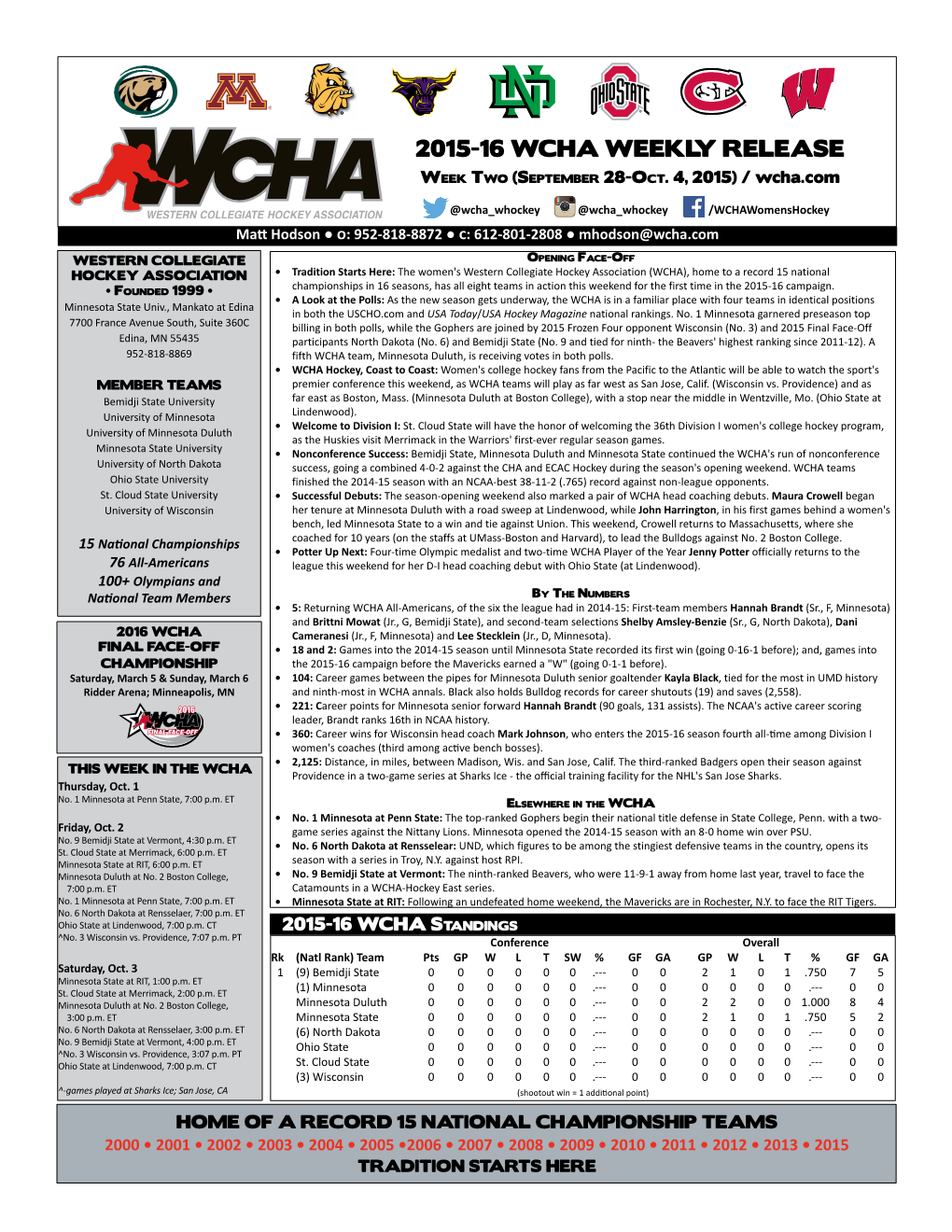 2015-16 WCHA WEEKLY RELEASE Week Two (September 28-Oct