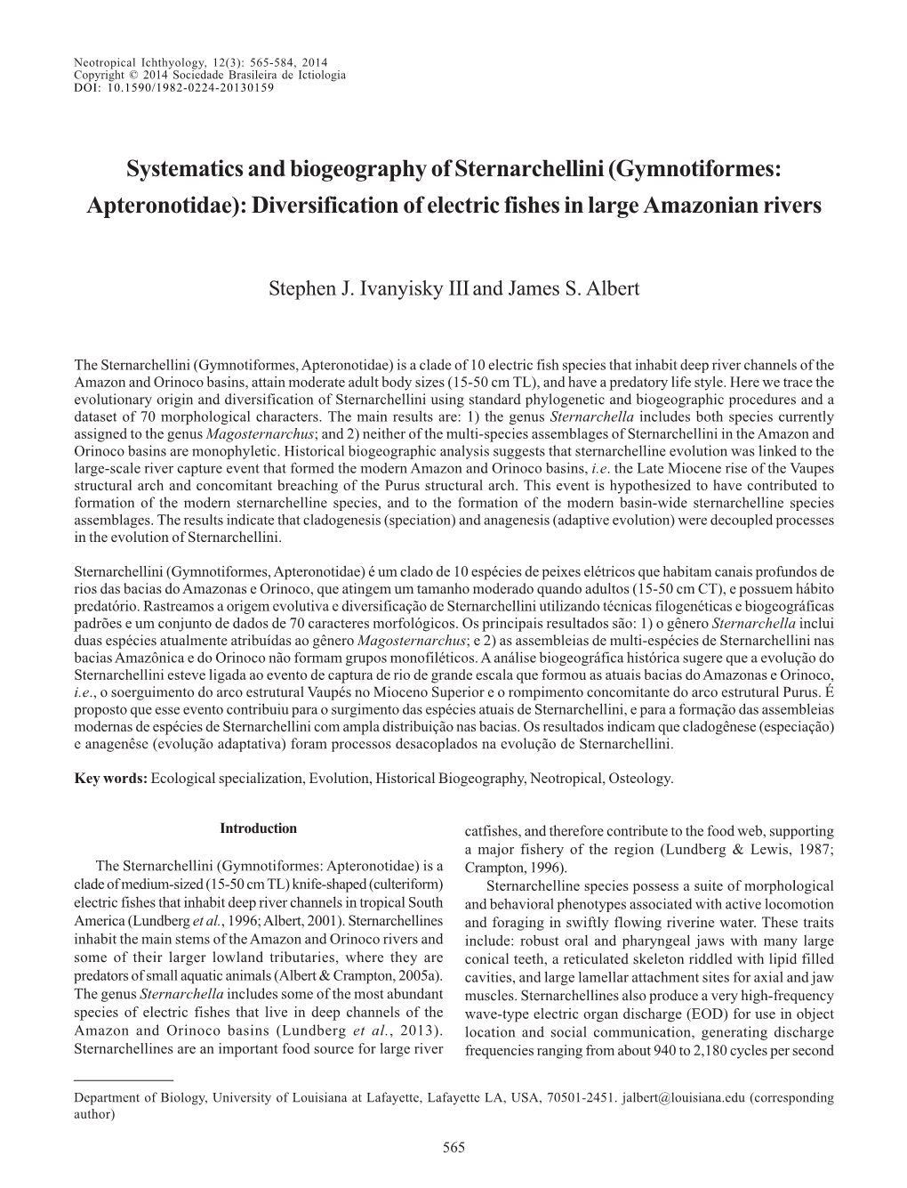 Systematics and Biogeography of Sternarchellini (Gymnotiformes: Apteronotidae): Diversification of Electric Fishes in Large Amazonian Rivers