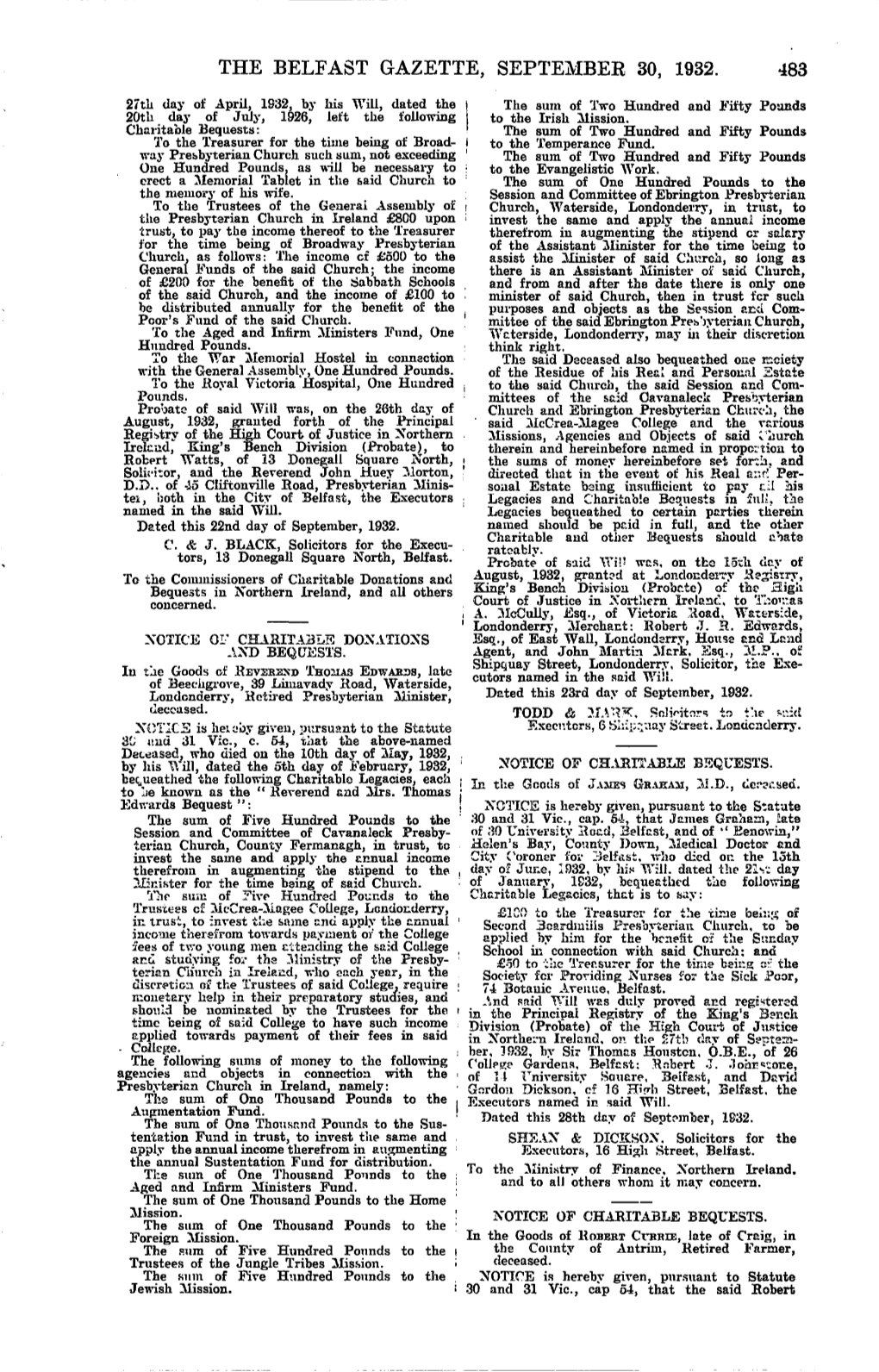 The Belfast Gazette, September 30, 1932. 483