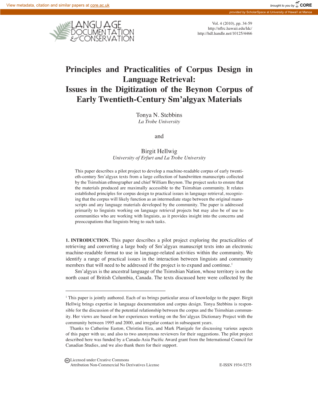 Principles and Practicalities of Corpus Design in Language Retrieval: Issues in the Digitization of the Beynon Corpus of Early Twentieth-Century Sm’Algyax Materials