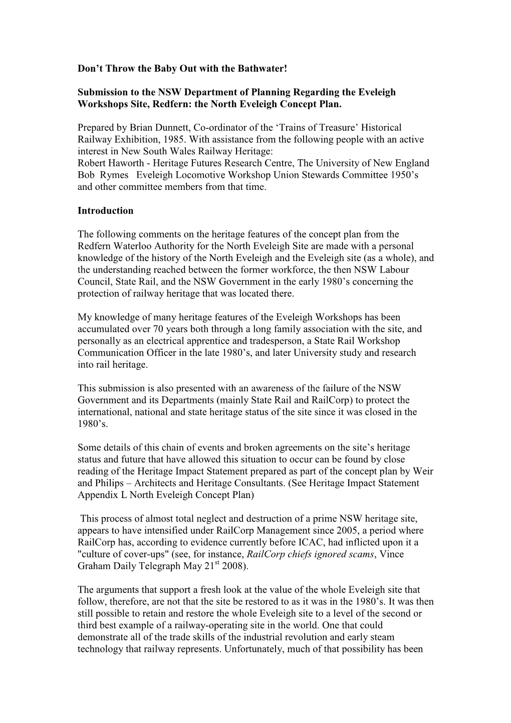 Don't Throw the Baby out with the Bathwater! Submission to the NSW Department of Planning Regarding the Eveleigh Workshops