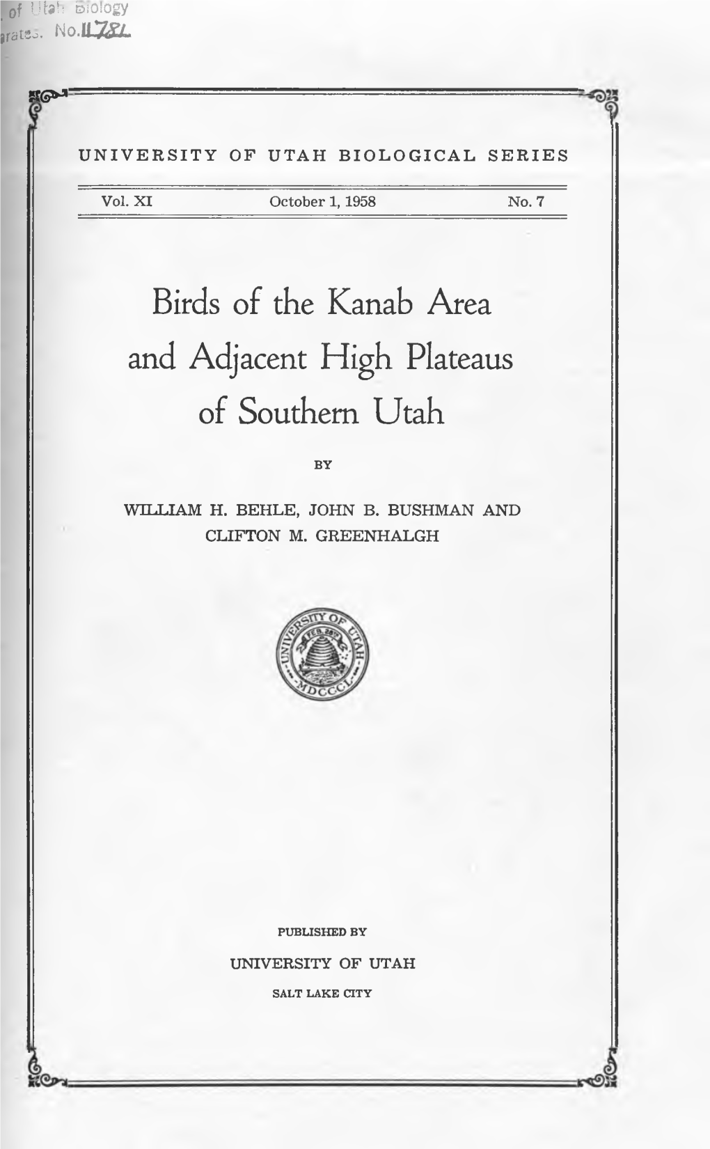 Birds of the Kanab Area and Adjacent High Plateaus of Southern Utah