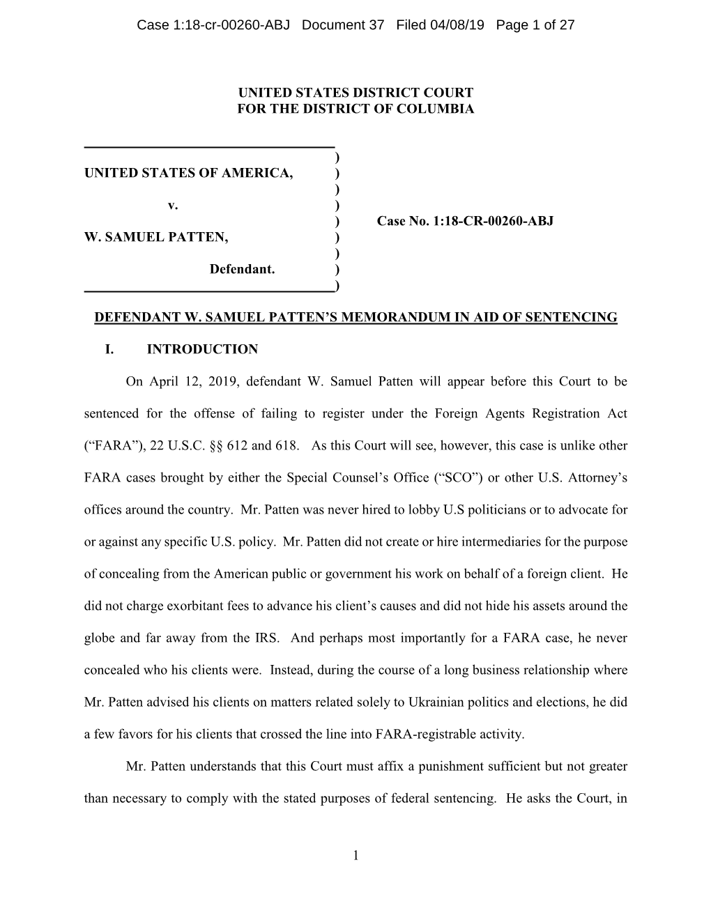 Case 1:18-Cr-00260-ABJ Document 37 Filed 04/08/19 Page 1 of 27