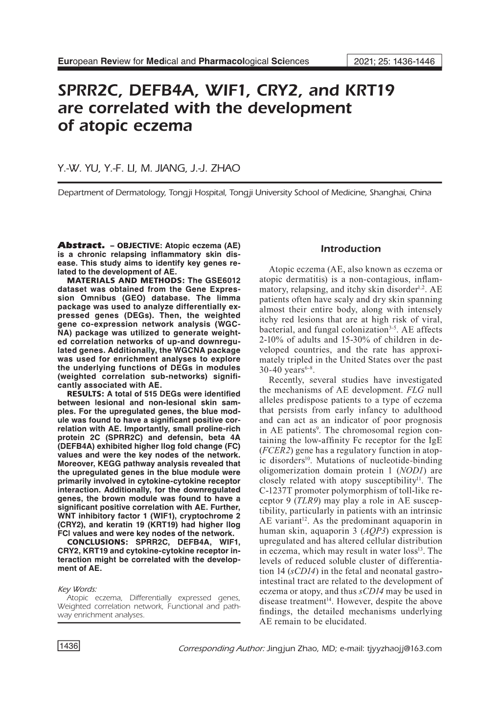 SPRR2C, DEFB4A, WIF1, CRY2, and KRT19 Are Correlated with the Development of Atopic Eczema