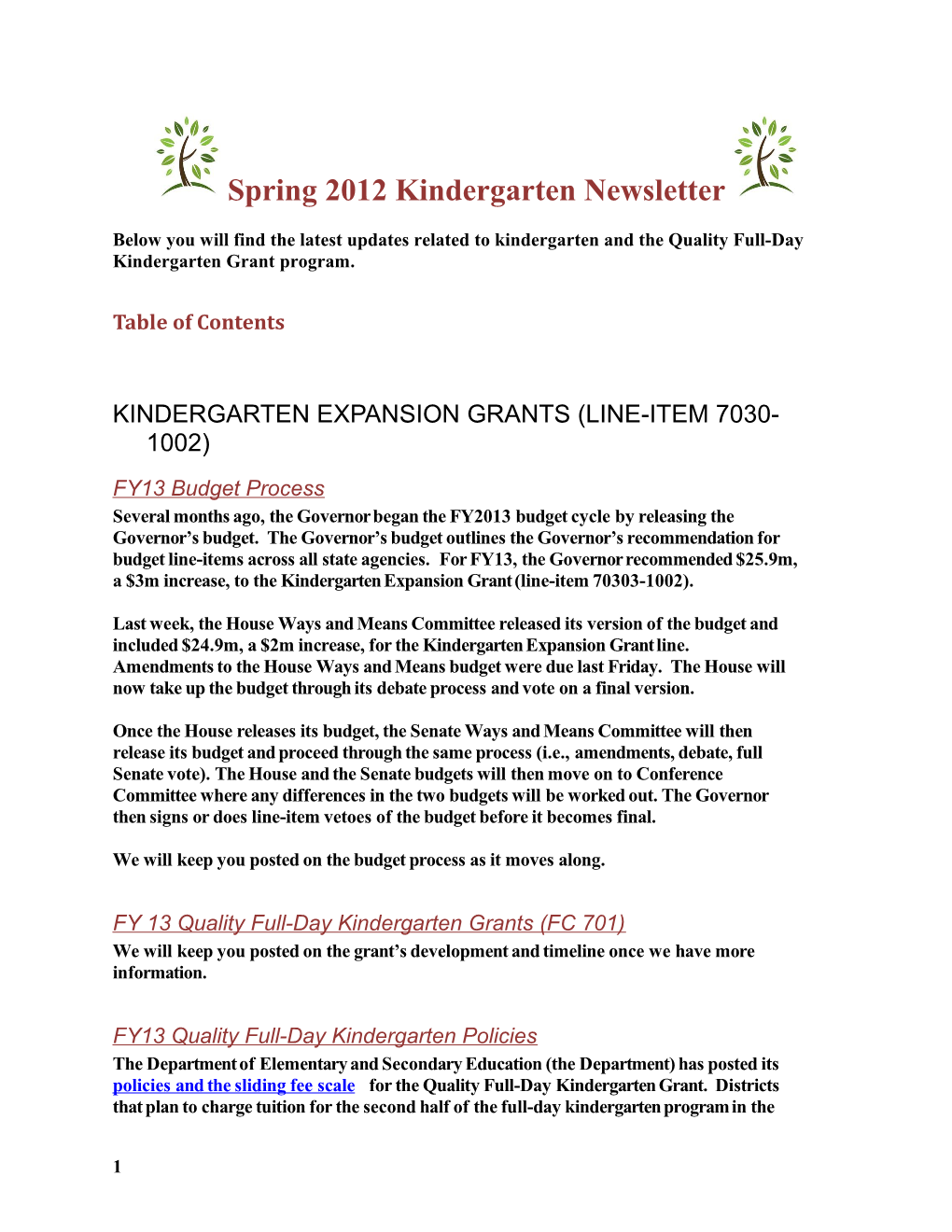 Spring 2012 Full-Day Kindergarten Newsletter - Department of Elementary and Secondary Education