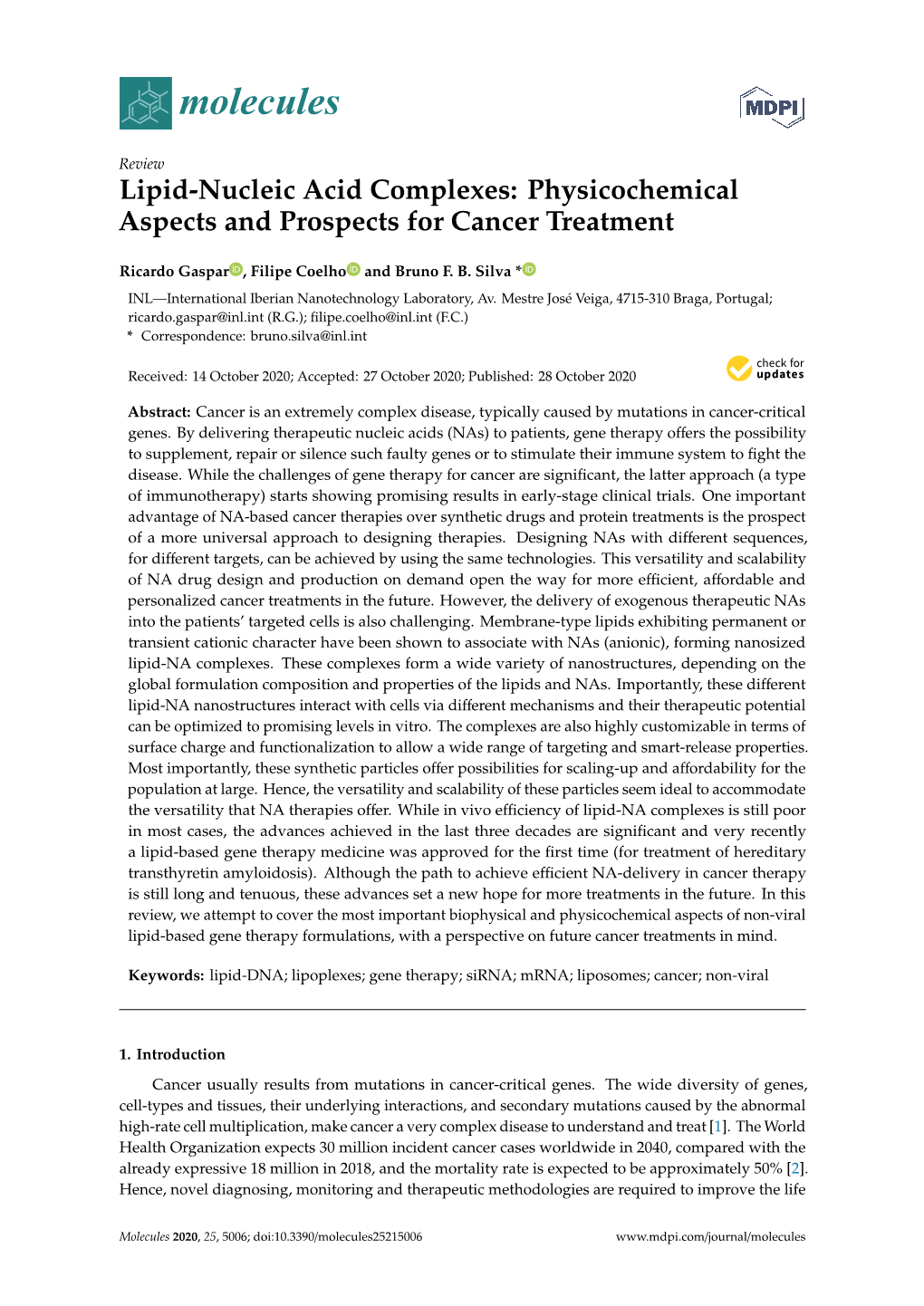 Lipid-Nucleic Acid Complexes: Physicochemical Aspects and Prospects for Cancer Treatment