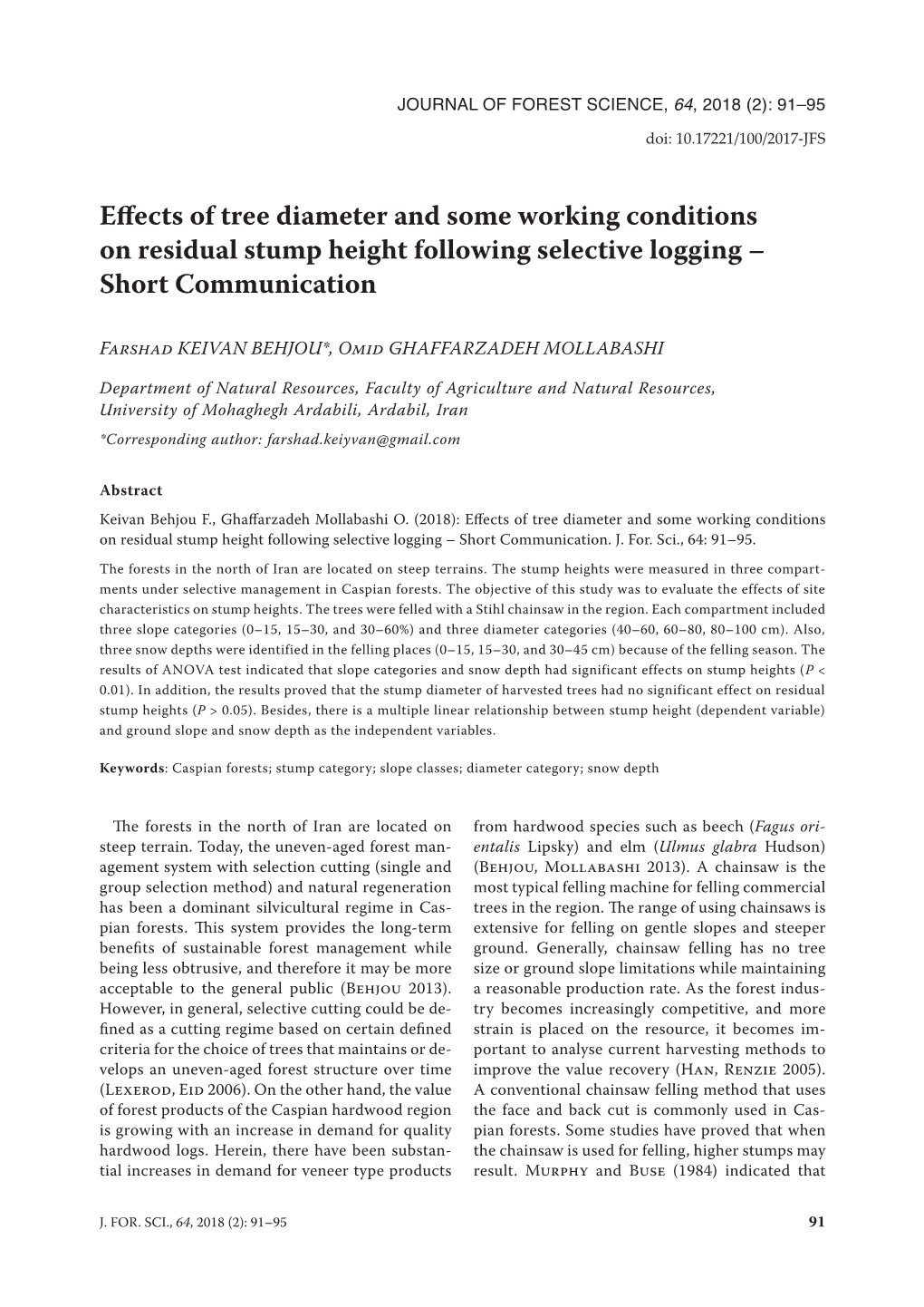 Effects of Tree Diameter and Some Working Conditions on Residual Stump Height Following Selective Logging – Short Communication