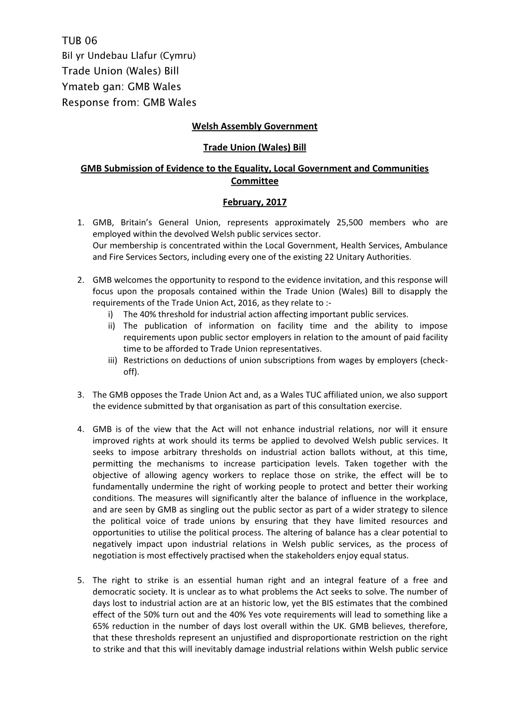 TUB 06 Trade Union (Wales) Bill Ymateb Gan: GMB Wales