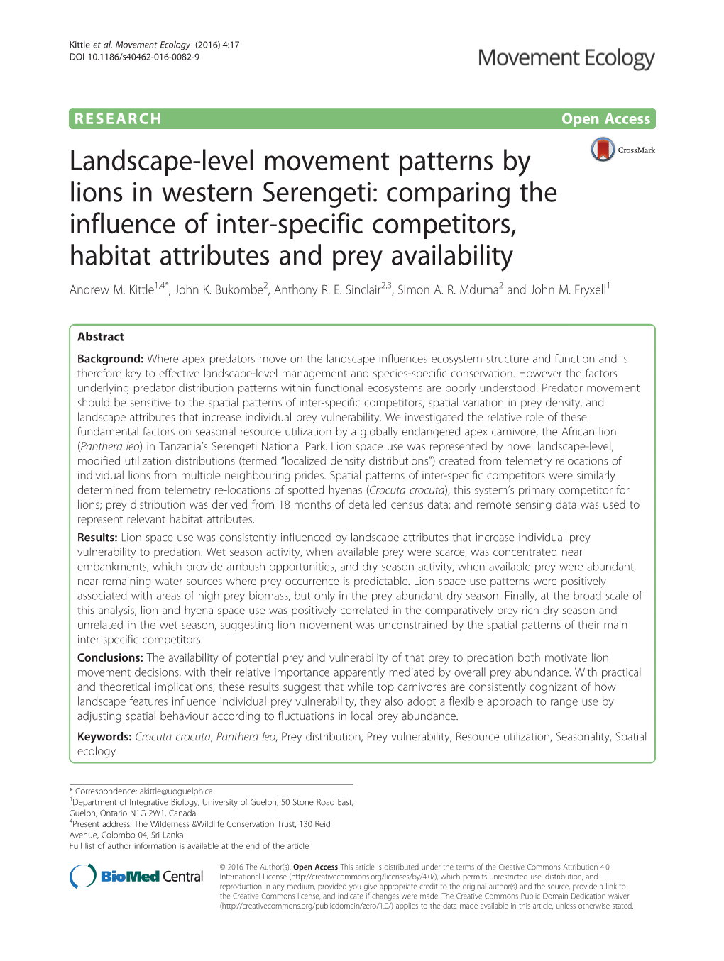 Landscape-Level Movement Patterns by Lions in Western