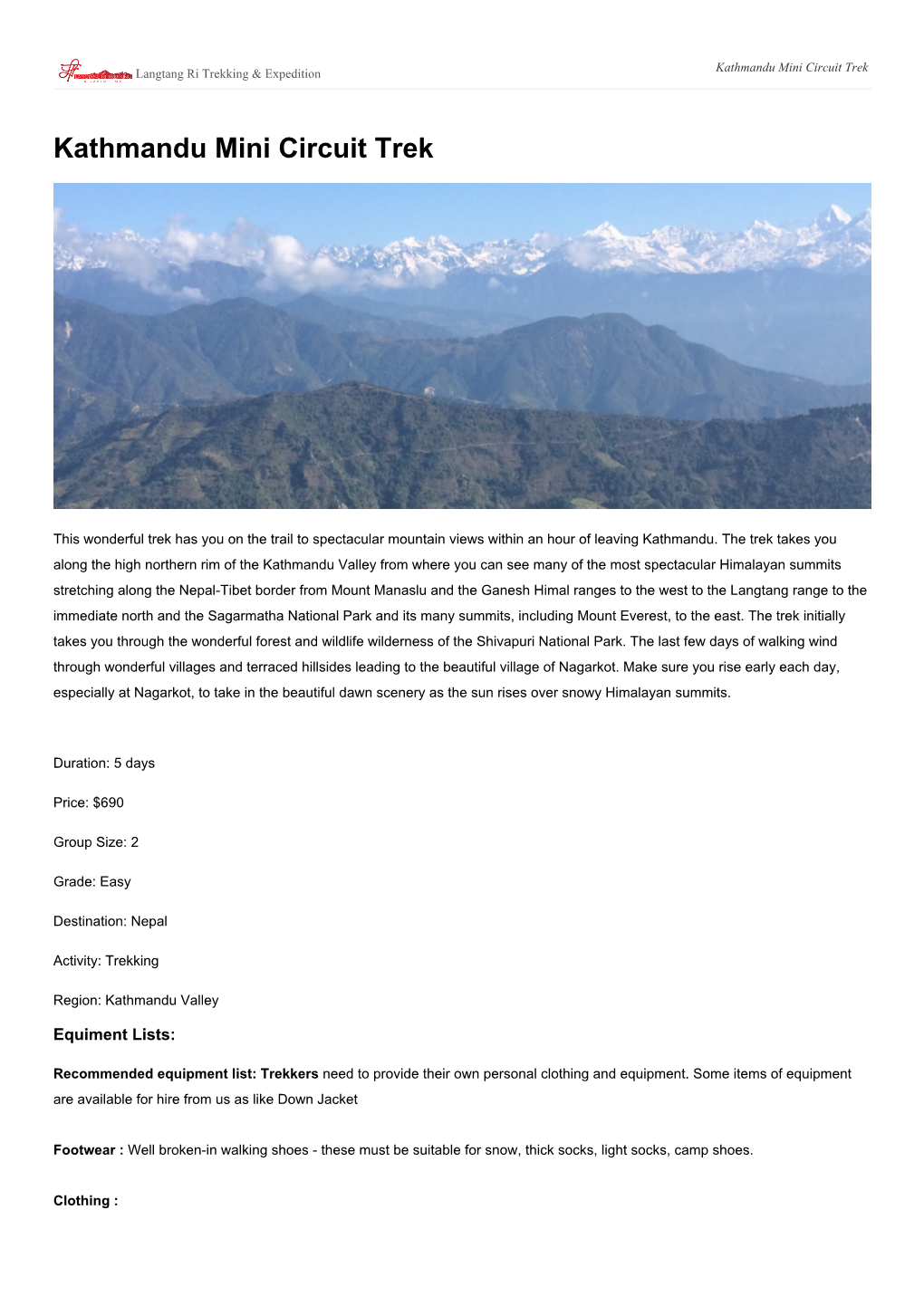 Kathmandu Mini Circuit Trek Langtang Ri Trekking & Expedition