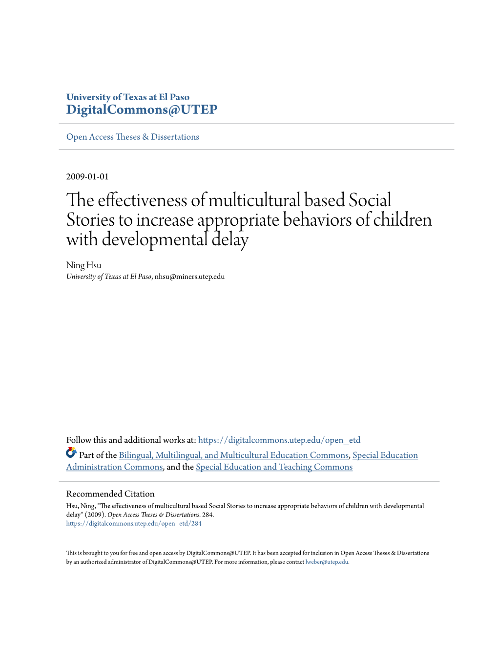 The Effectiveness of Multicultural Based Social Stories to Increase Appropriate Behaviors of Children with Developmental Delay