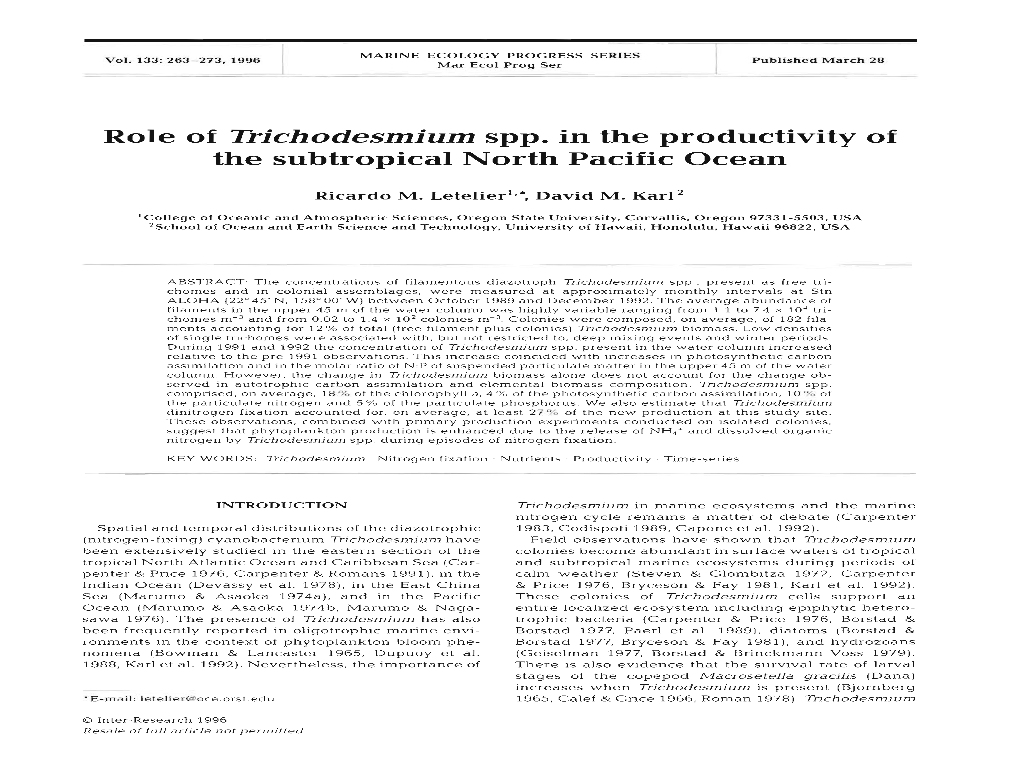Role of Trichodesmium Spp. in the Productivity of the Subtropical North Pacific Ocean